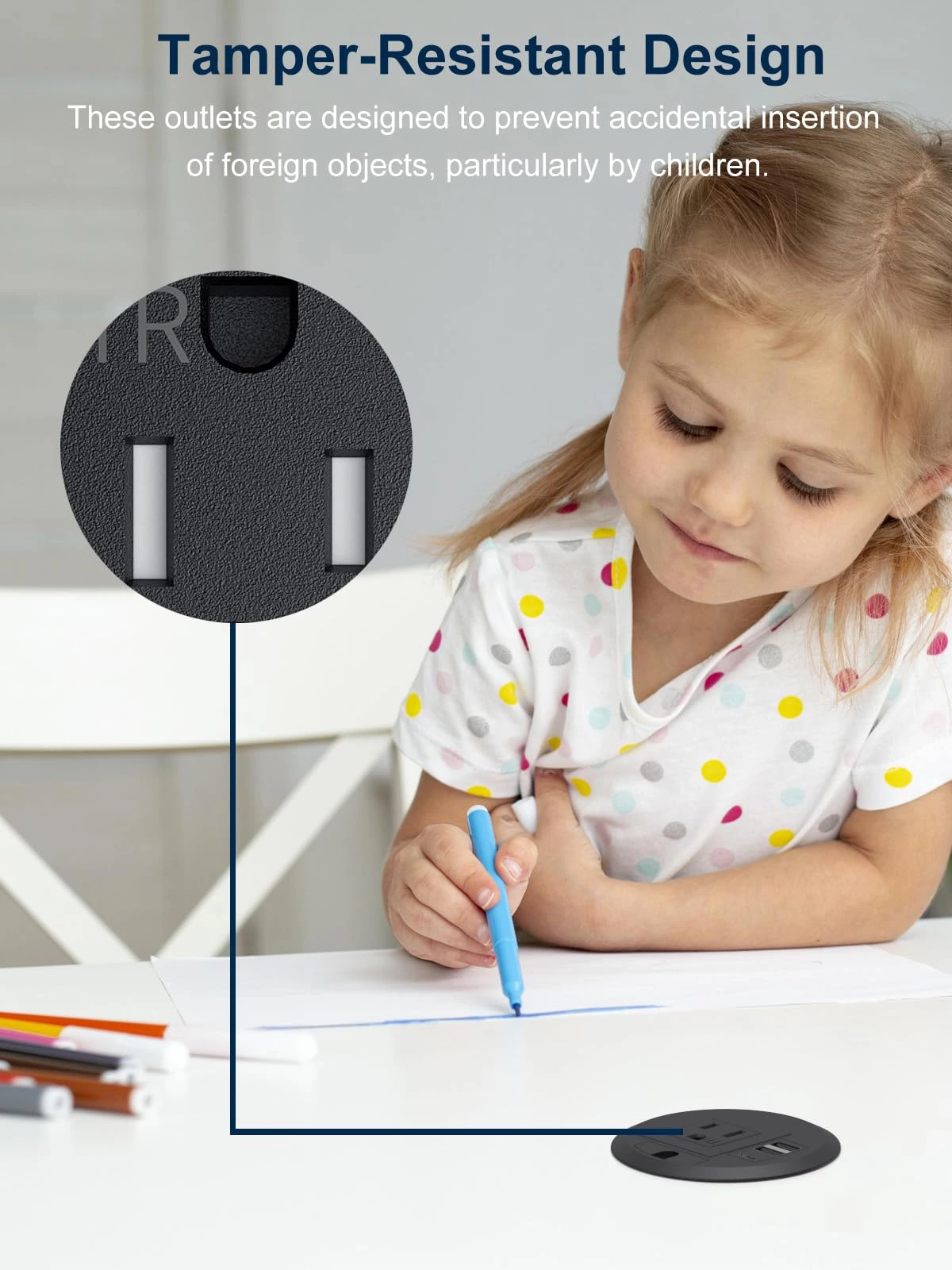 Desktop Power Grommet Outlet PD 20W Fast Charging USB-C,Tamper-Resistant Design AC Outlets,3.15'' Cable Hole Grommet Outlet,Recessed Power Grommet with 3 USB Ports (1-Pack)