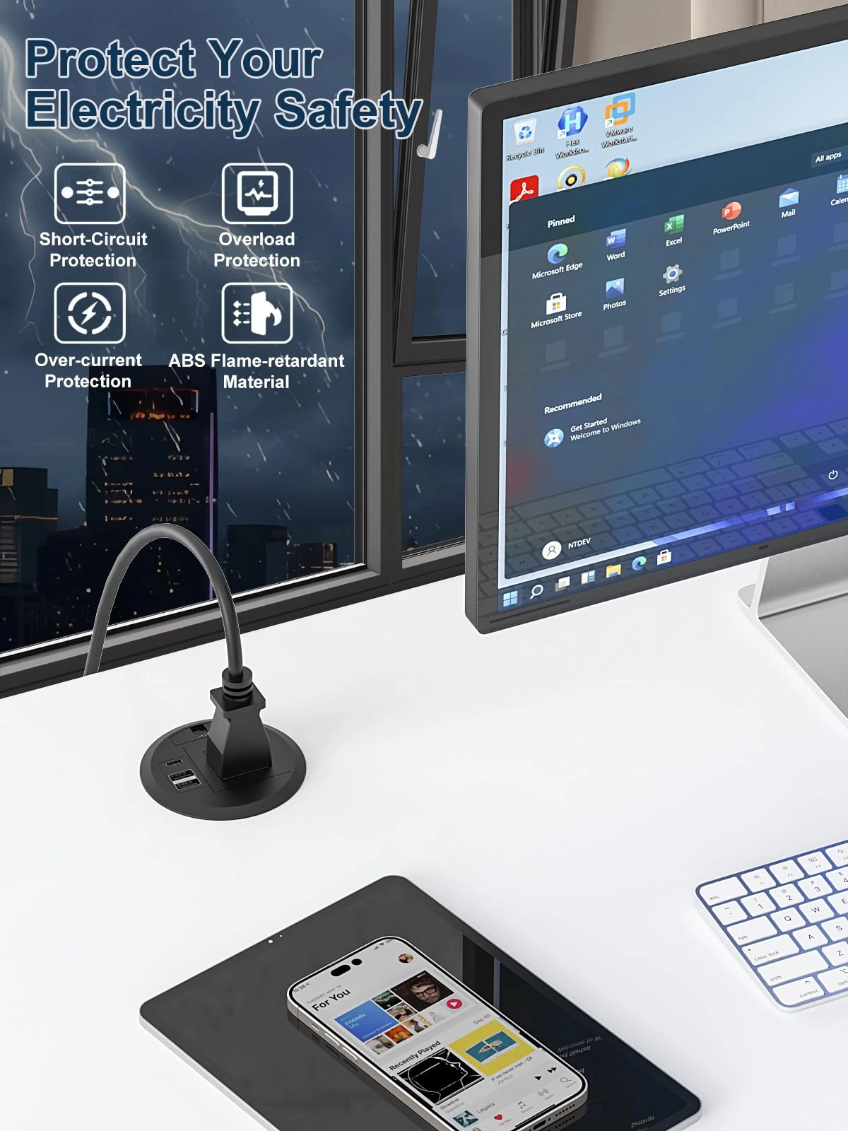 Desktop Power Grommet Outlet PD 20W Fast Charging USB-C,Tamper-Resistant Design AC Outlets,3.15'' Cable Hole Grommet Outlet,Recessed Power Grommet with 3 USB Ports (1-Pack)