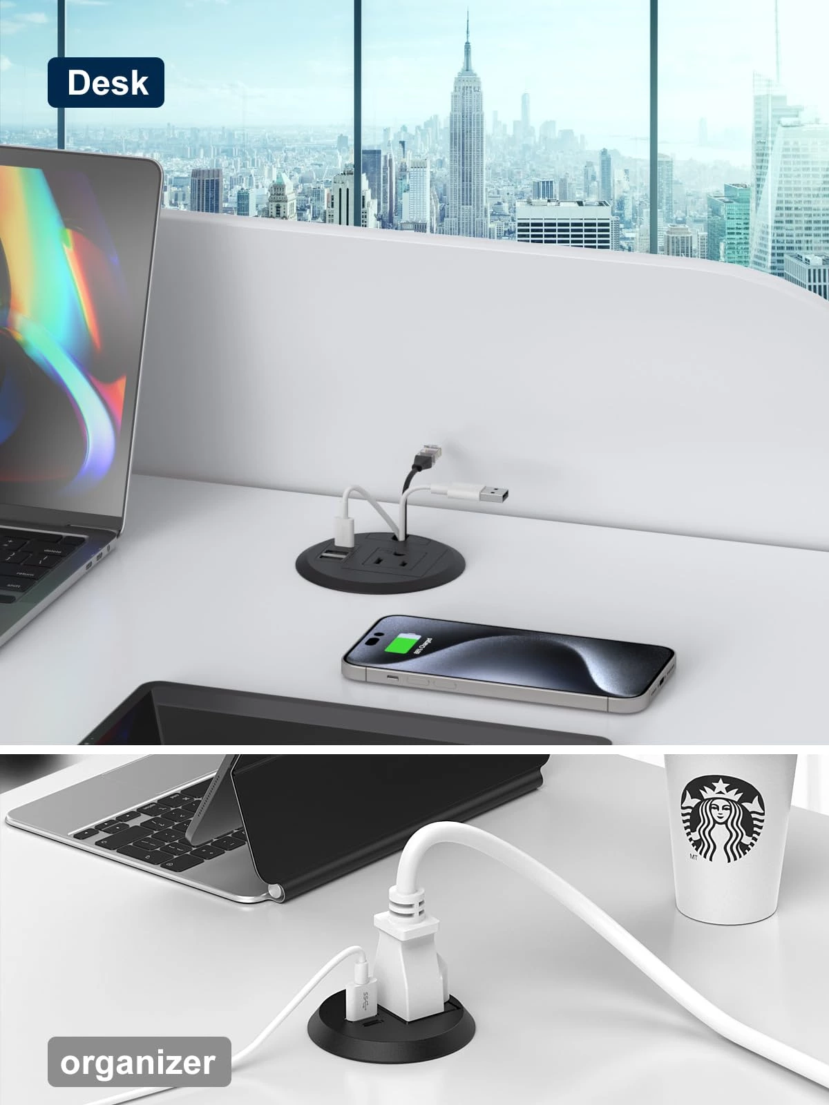 Desktop Power Grommet Outlet PD 20W Fast Charging USB-C,Tamper-Resistant Design AC Outlets,3.15'' Cable Hole Grommet Outlet,Recessed Power Grommet with 3 USB Ports (1-Pack)