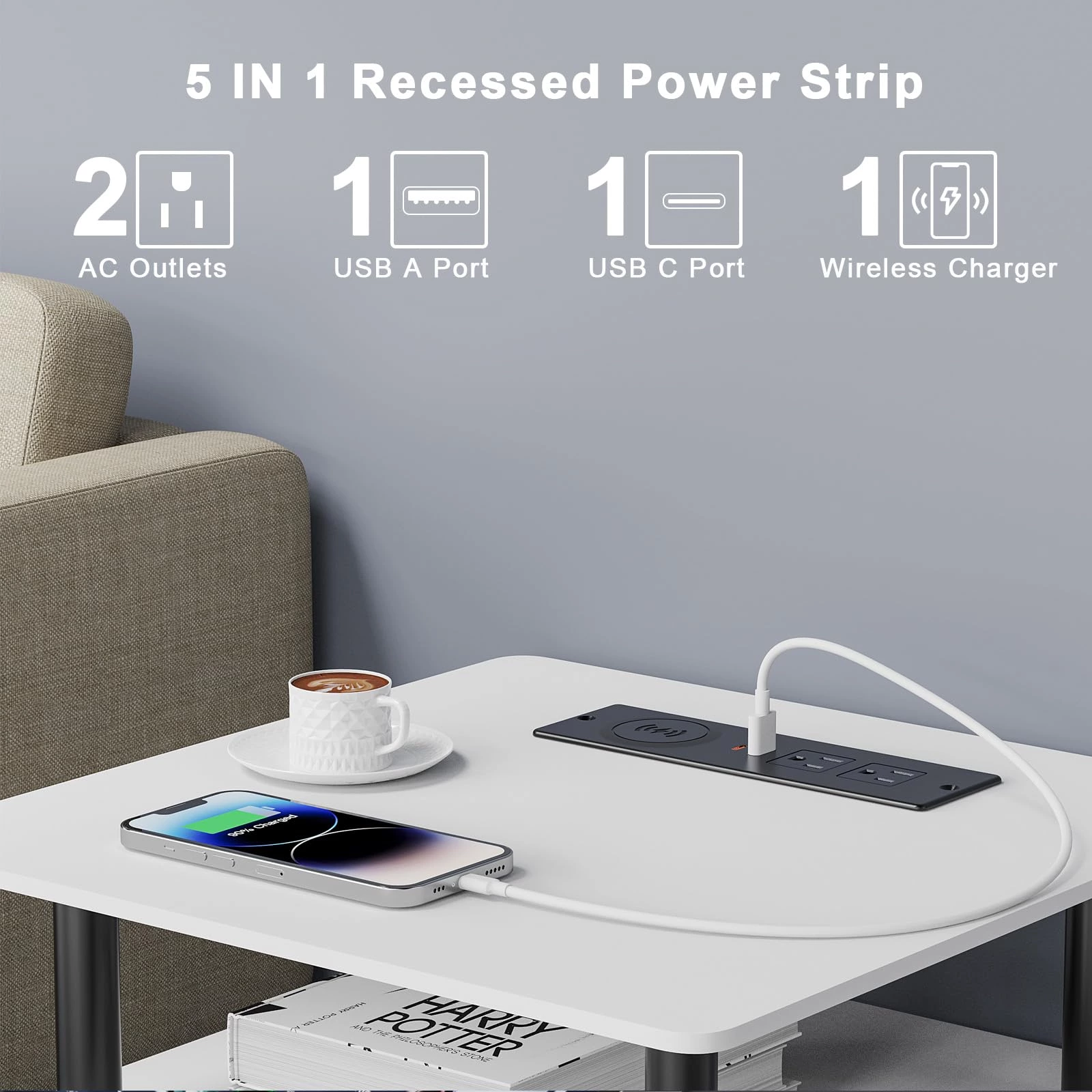 Recessed Power Strip with 15W Wireless Charger, Flush Mount Power Strip with 2 Outlets, 2 USB, and 6.56FT Flat Plug Cable, Furniture Recessed Outlet for Drawer, End Table, Sofa, Cabinet