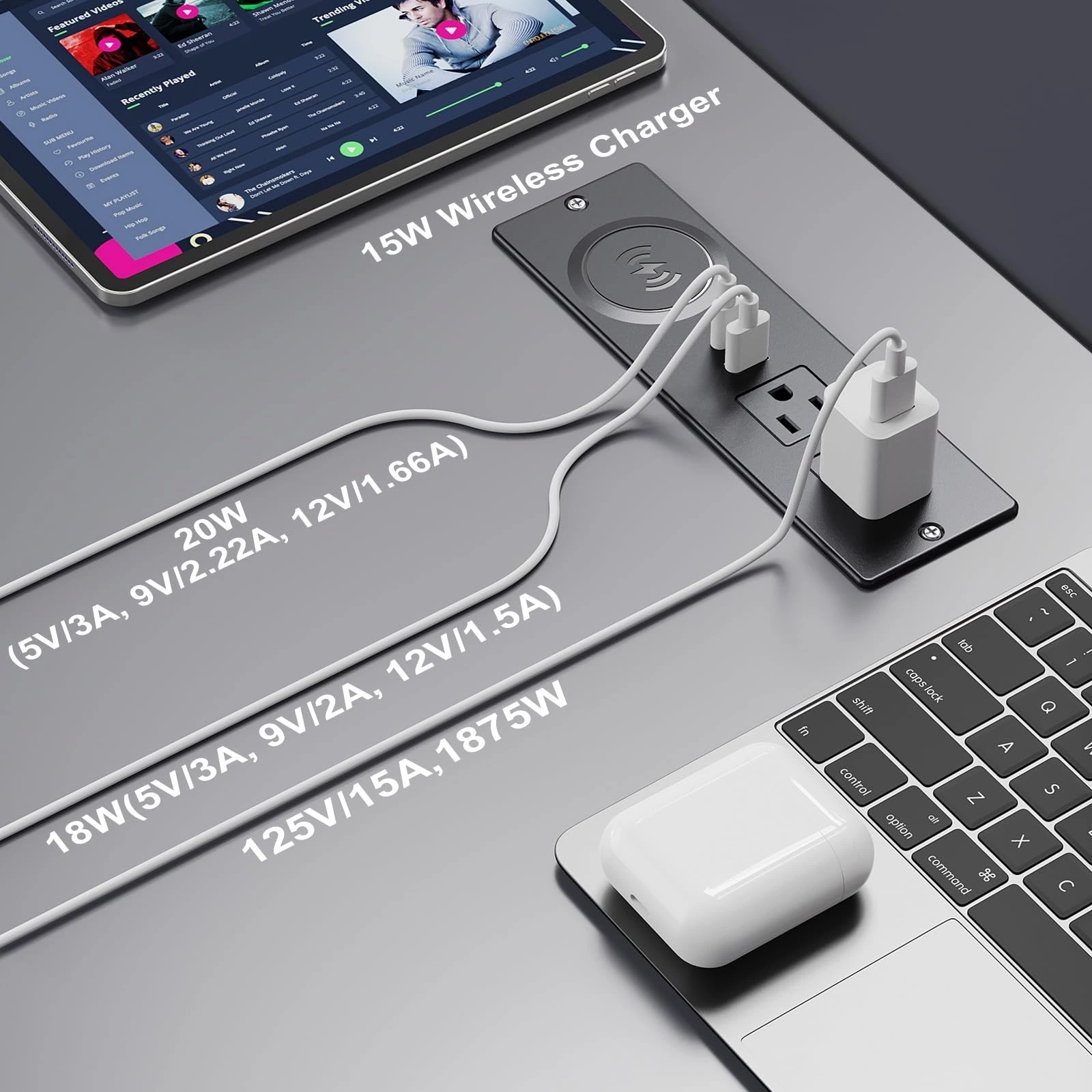 Recessed Power Strip with 15W Wireless Charger, Flush Mount Power Strip with 2 Outlets, 2 USB, and 6.56FT Flat Plug Cable, Furniture Recessed Outlet for Drawer, End Table, Sofa, Cabinet
