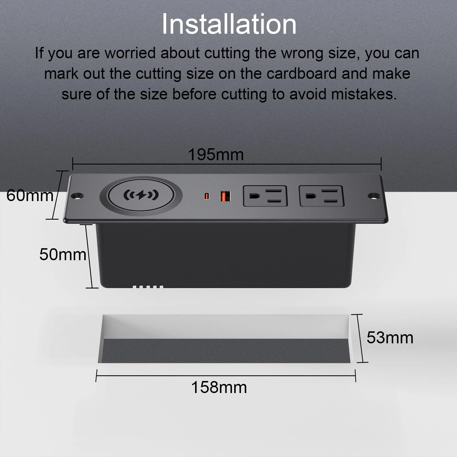 Recessed Power Strip with 15W Wireless Charger, Flush Mount Power Strip with 2 Outlets, 2 USB, and 6.56FT Flat Plug Cable, Furniture Recessed Outlet for Drawer, End Table, Sofa, Cabinet