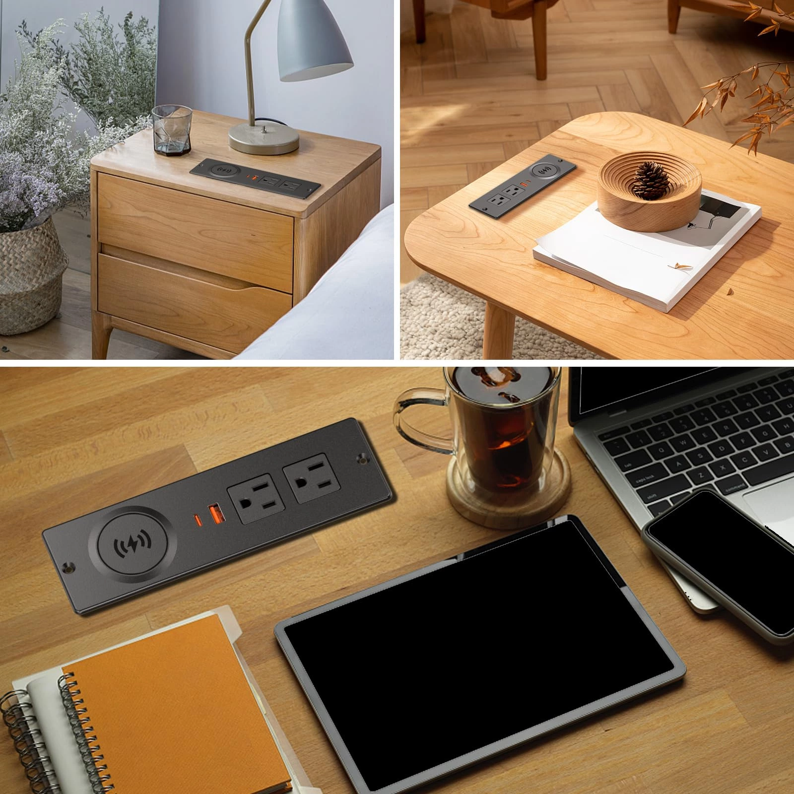 Recessed Power Strip with 15W Wireless Charger, Flush Mount Power Strip with 2 Outlets, 2 USB, and 6.56FT Flat Plug Cable, Furniture Recessed Outlet for Drawer, End Table, Sofa, Cabinet