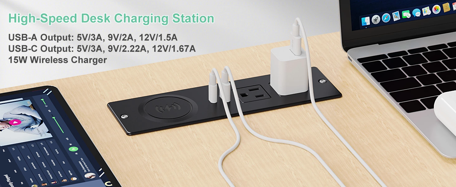 Recessed Power Strip with 15W Wireless Charger, Flush Mount Power Strip with 2 Outlets, 2 USB, and 6.56FT Flat Plug Cable, Furniture Recessed Outlet for Drawer, End Table, Sofa, Cabinet