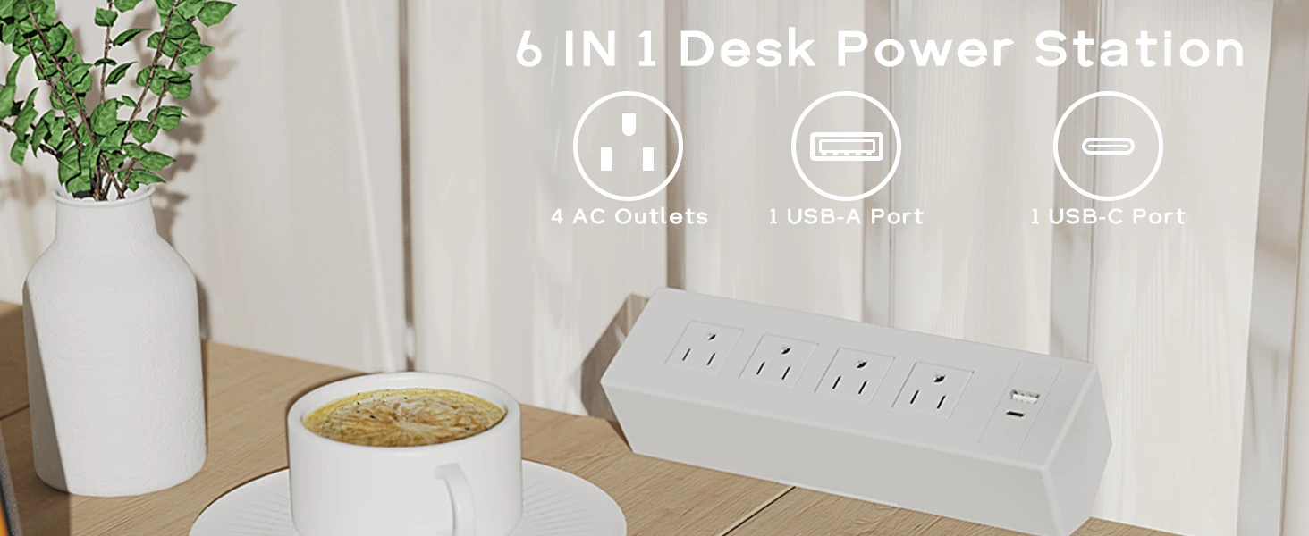 Desk Power Strip with USB C, Desk Clamp Power Strip with 4 AC Outlets, Desk Outlets Connect 9.84FT Extension Cord for Home Office, White