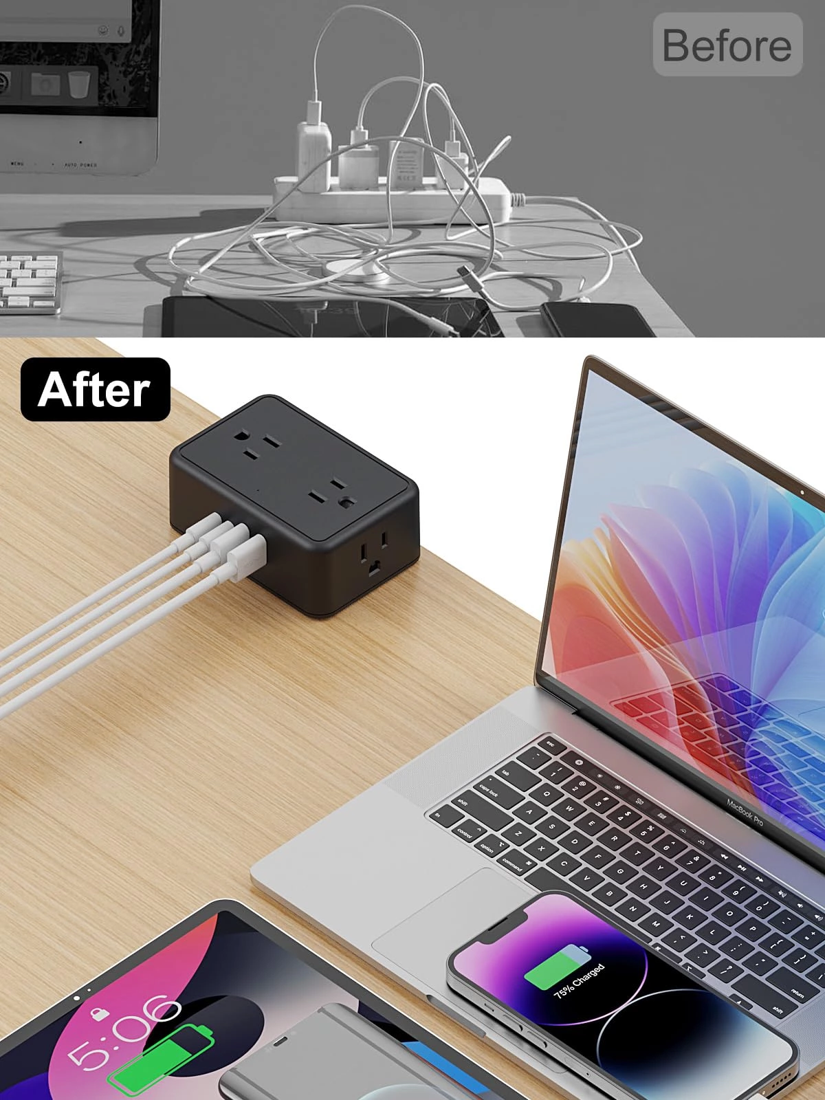 Desk Clamp Power Strip 4AC Outlet 2USB-C Ports,2 USB-A Ports,Desktop Tube Edge Mount Outlet Under Desk Table Leg Widely Spaced Surge Protector Outlet Station,6.6ft Heavy Duty Plug and Cord