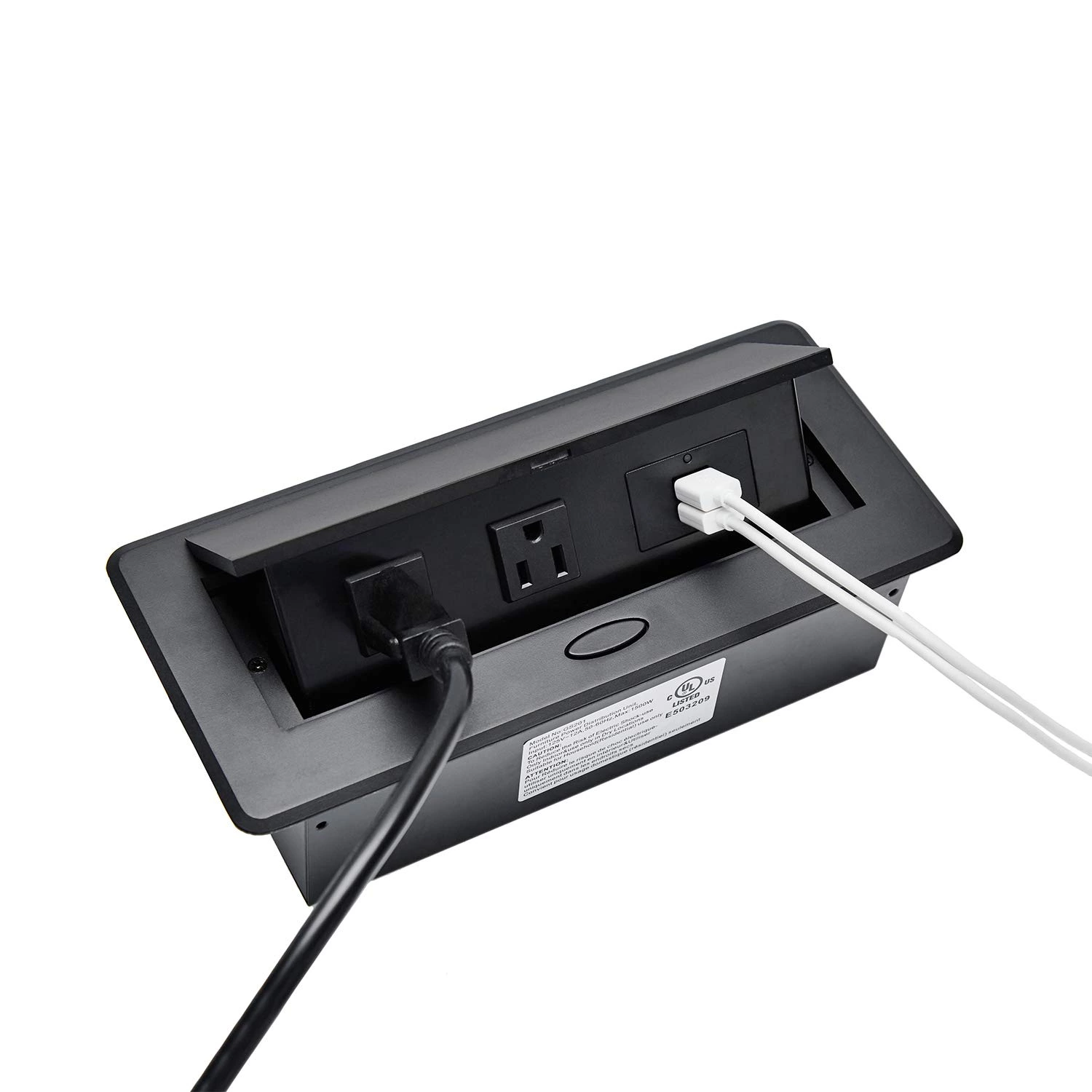 UL Listed Power Strip, Pop Up Power Cover Box Desktop Socket with Dual USB Charging Ports, Stainless Steel Receptacle Outlet for Conference Room Countertop (Black)