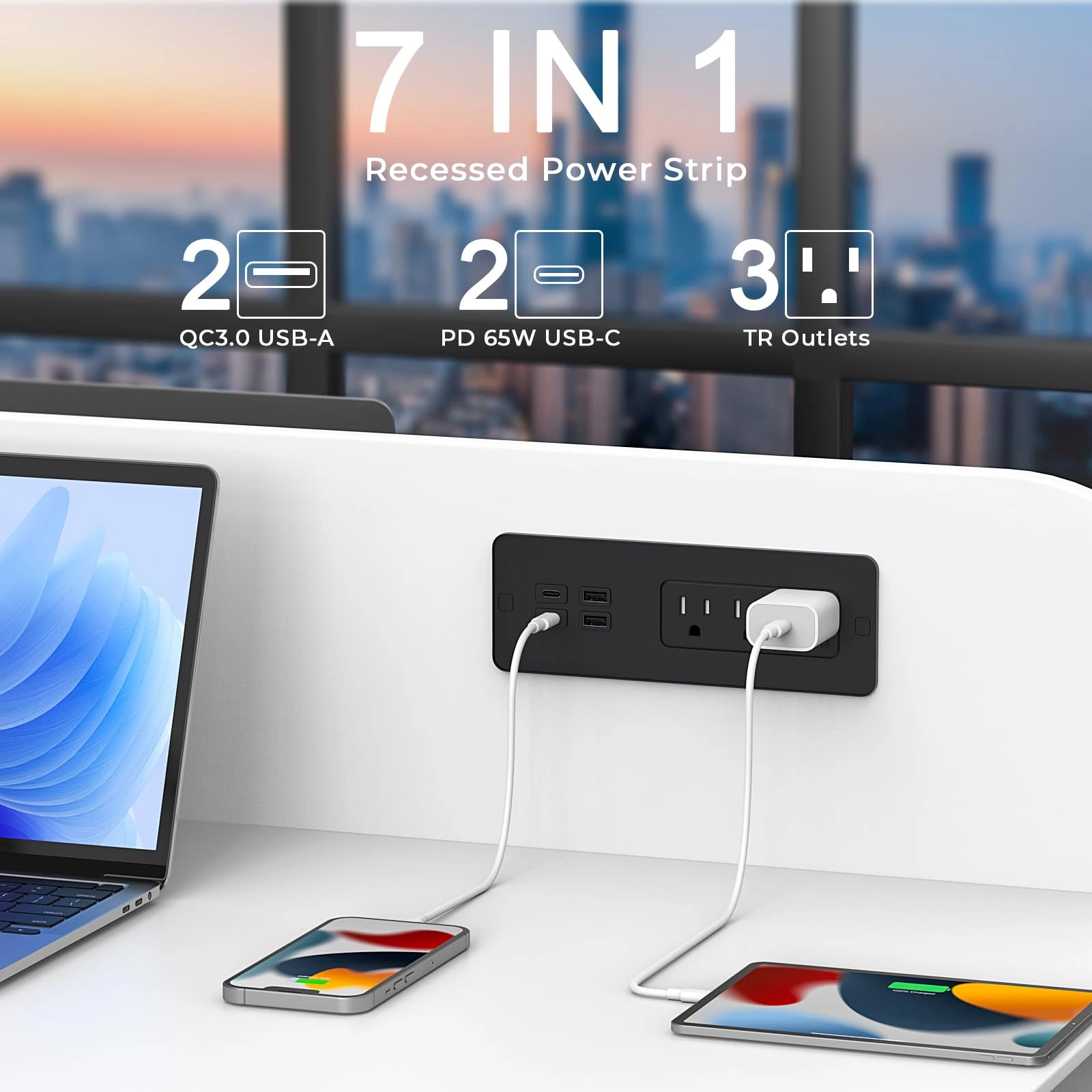 Drawer Outlet with PD 65W USB C, Recessed Power Strip with 3 Outlets 4 USB Ports, Recessed Outlet with 2M Flat Plug Cable for Side Table Sofa Table, Black