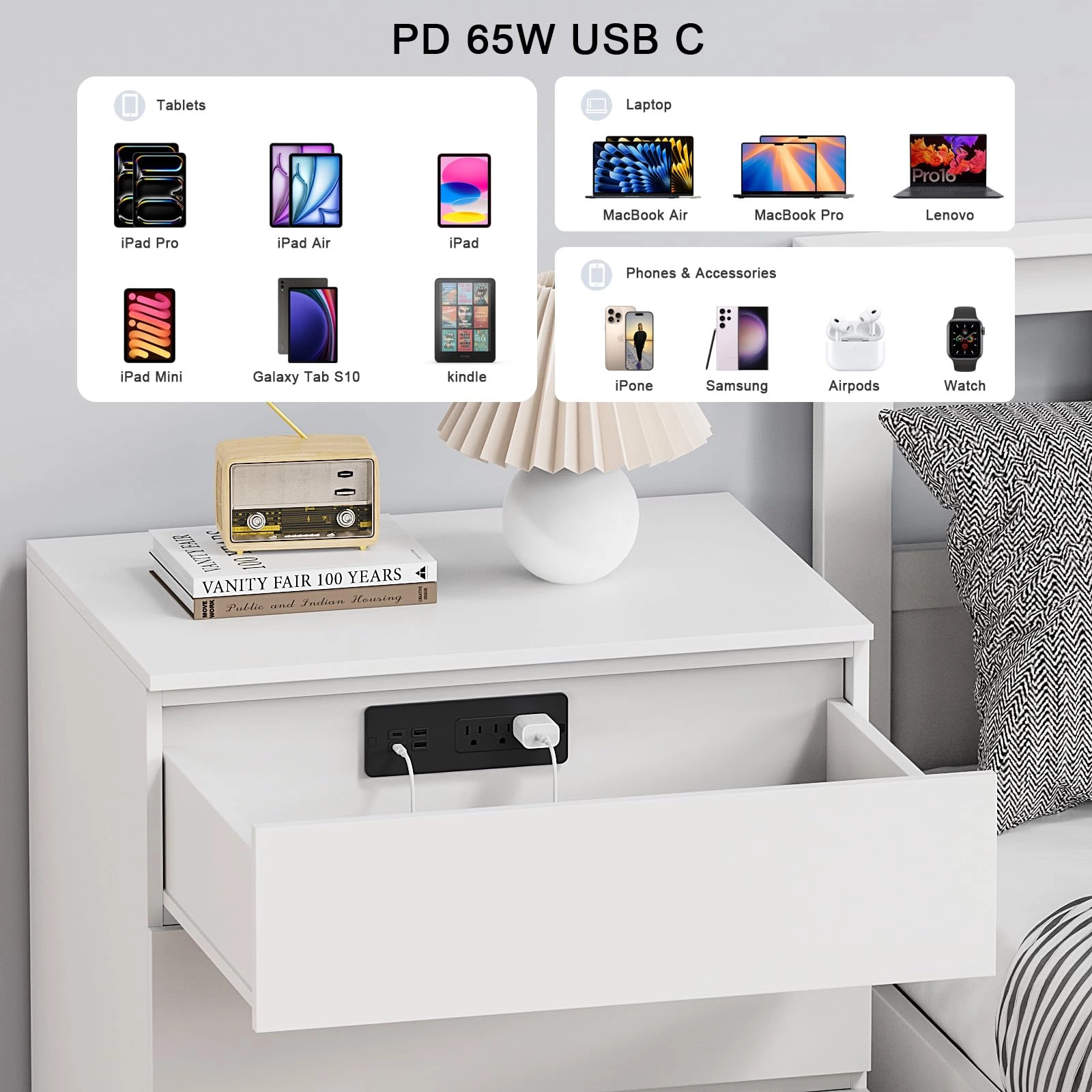 Drawer Outlet with PD 65W USB C, Recessed Power Strip with 3 Outlets 4 USB Ports, Recessed Outlet with 2M Flat Plug Cable for Side Table Sofa Table, Black