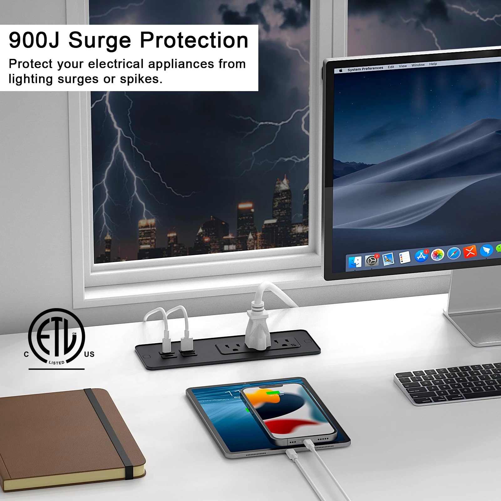 Drawer Outlet with PD 65W USB C, Recessed Power Strip with 3 Outlets 4 USB Ports, Recessed Outlet with 2M Flat Plug Cable for Side Table Sofa Table, Black