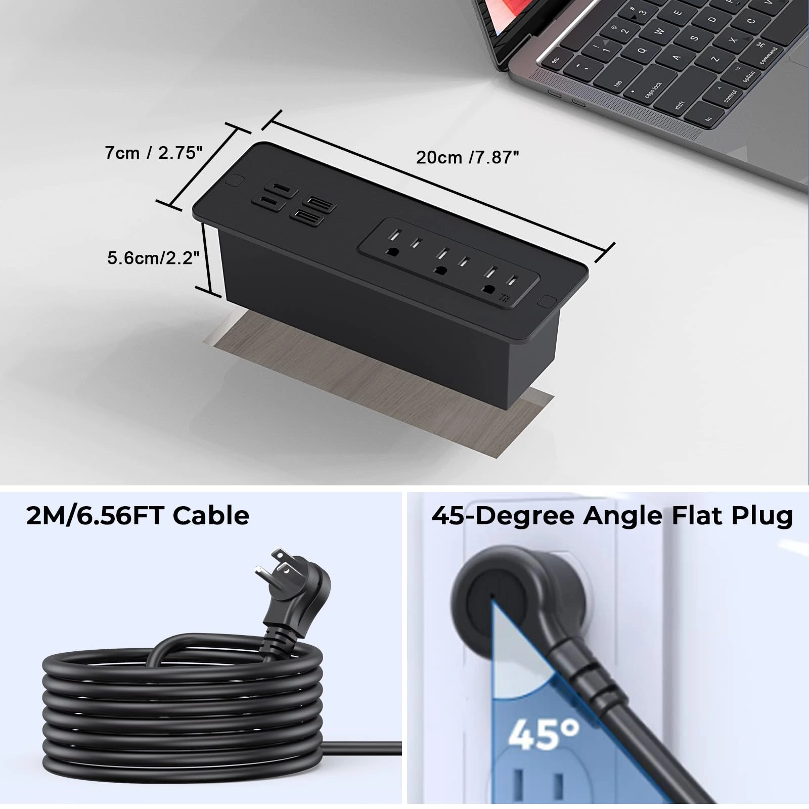 Drawer Outlet with PD 65W USB C, Recessed Power Strip with 3 Outlets 4 USB Ports, Recessed Outlet with 2M Flat Plug Cable for Side Table Sofa Table, Black