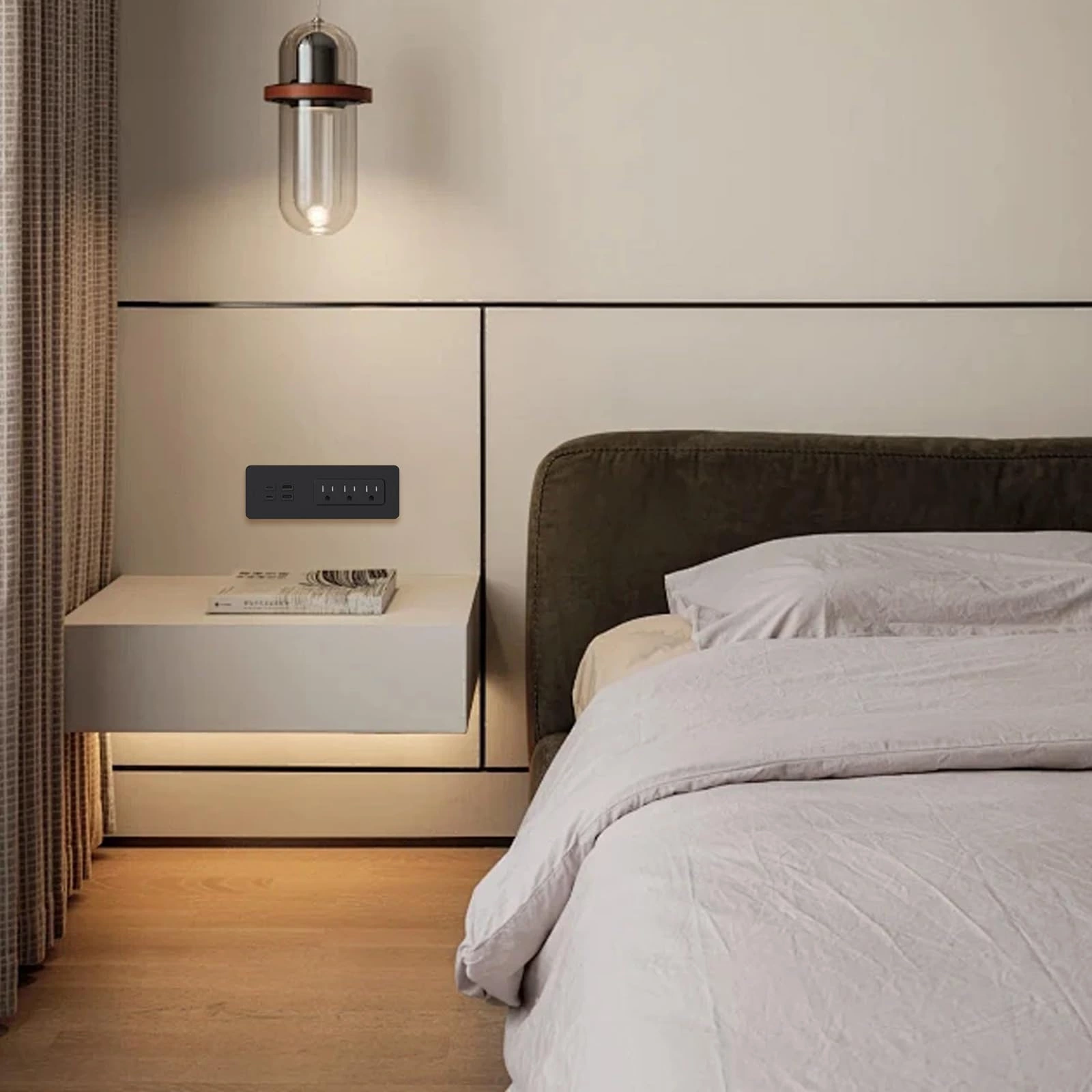 Drawer Outlet with PD 65W USB C, Recessed Power Strip with 3 Outlets 4 USB Ports, Recessed Outlet with 2M Flat Plug Cable for Side Table Sofa Table, Black