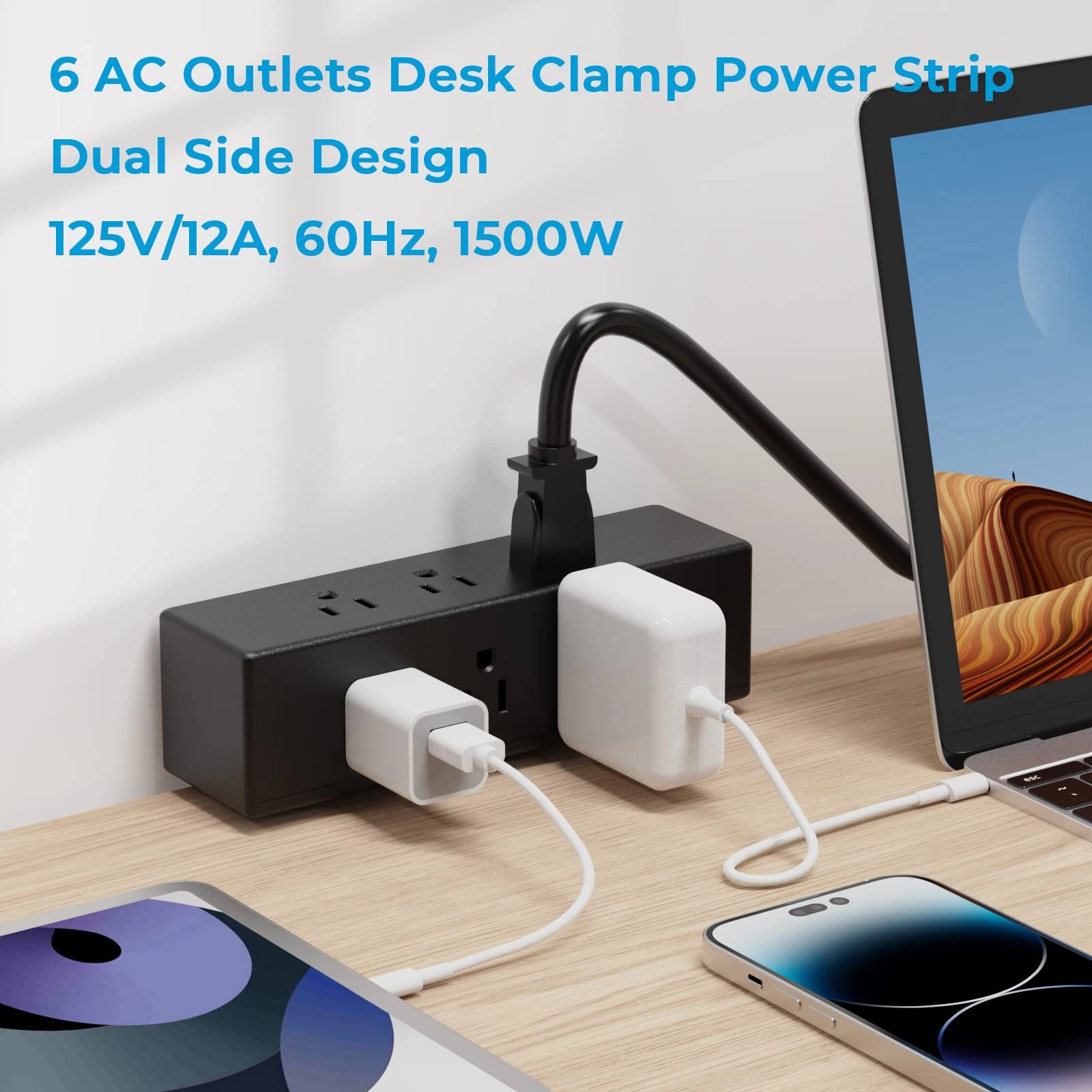 Desk Clamp Power Strip, Desktop Charging Station with 6 Outlets, Desk Outlets Connect 6.56FT Extension Cord, Flat Plug Desk Extender Power Supply for Office, Home