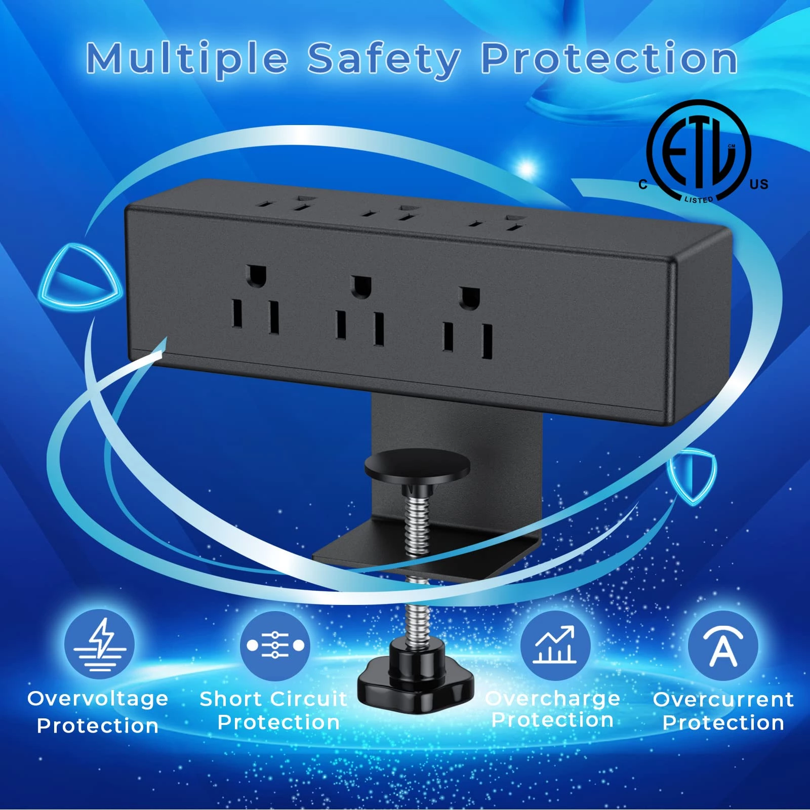 Desk Clamp Power Strip, Desktop Charging Station with 6 Outlets, Desk Outlets Connect 6.56FT Extension Cord, Flat Plug Desk Extender Power Supply for Office, Home