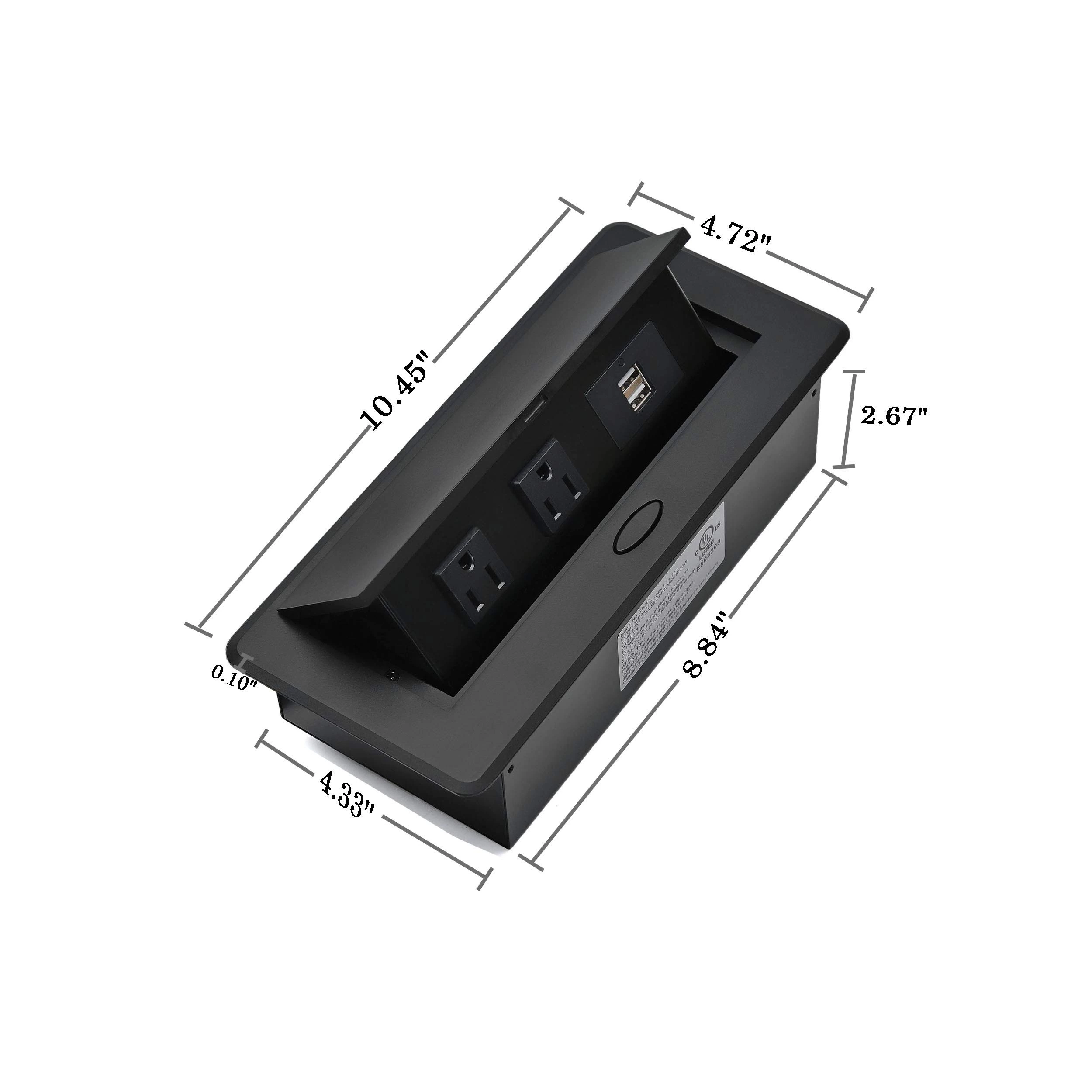 UL Listed Power Strip, Pop Up Power Cover Box Desktop Socket with Dual USB Charging Ports, Stainless Steel Receptacle Outlet for Conference Room Countertop (Black)