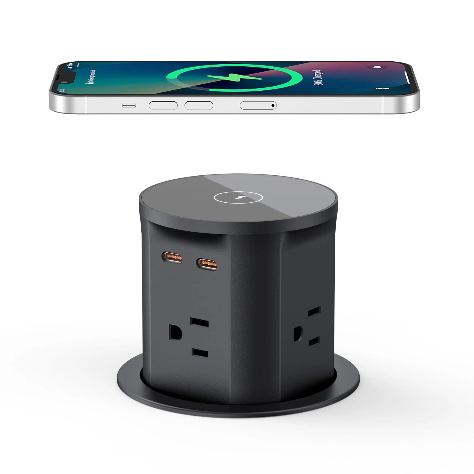 Pop up Outlet for Countertop with 15W Wireless Charger,4 Outlets 2 PD20W USB-C Ports,3.35 ''(85mm) Desk Hole Power Grommet,Pop Up Power Outlet for Kitchen Countertop,Office Conference Table (Black)