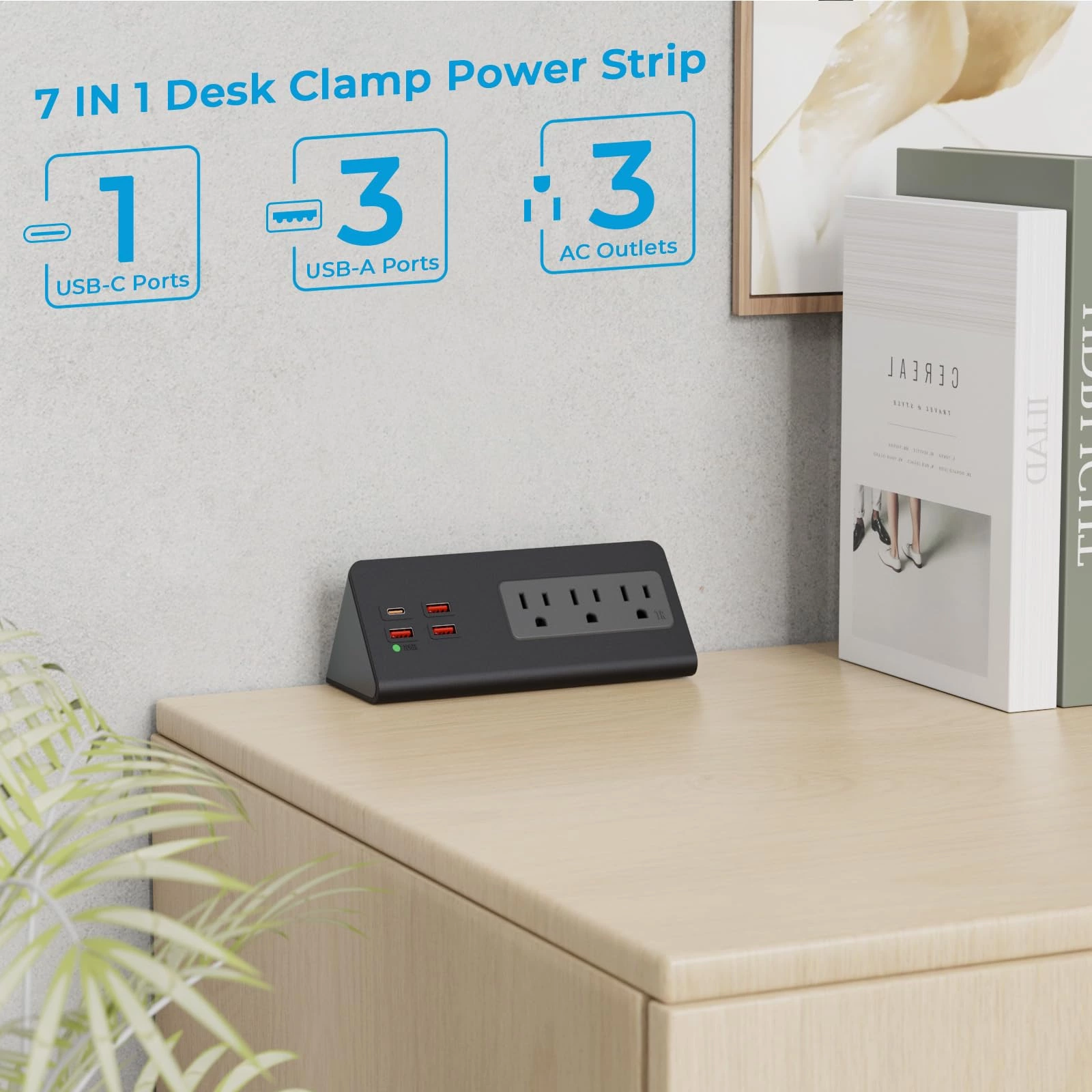 Nightstand Charging Station with PD 20W USB C, Nightstand Edge Power Strip with 3 AC Outlets, 4 Fast Charging USB Ports, Connect 6.56FT Flat Plug, Desk Surge Protector for Office Home Hotel, Black