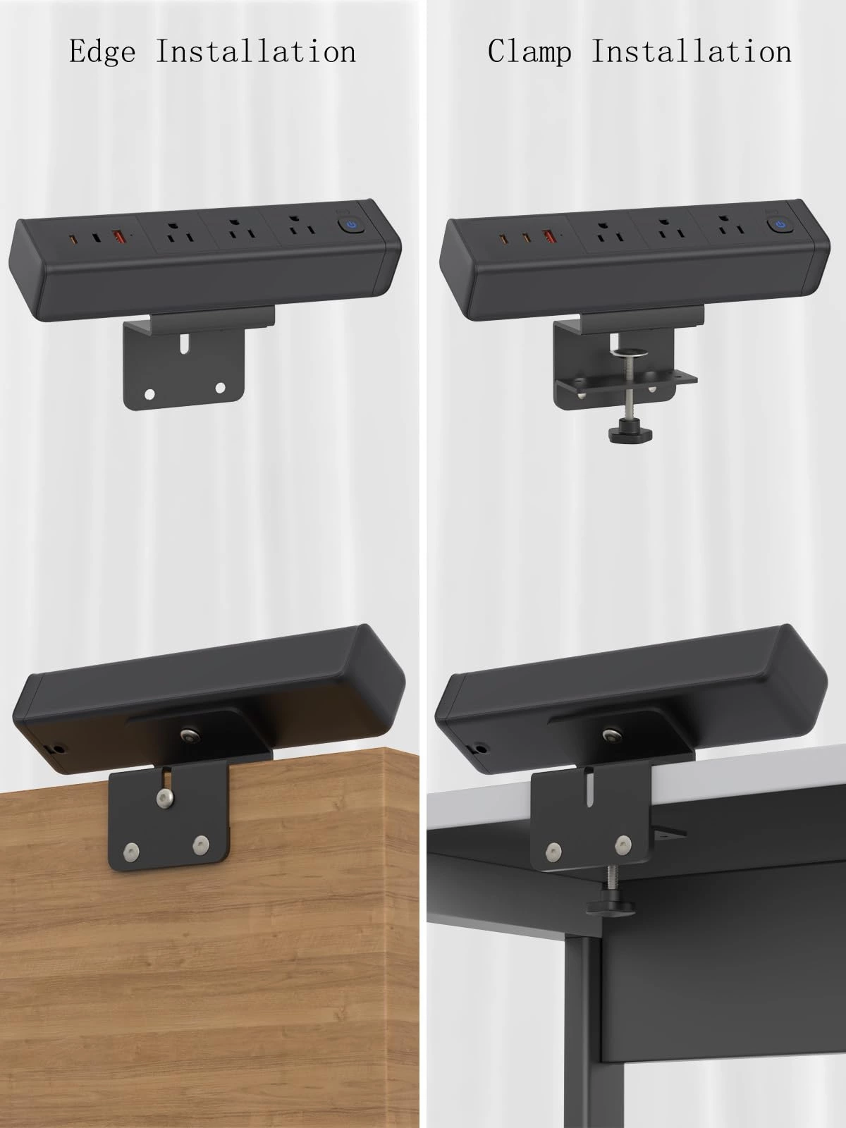 Desk Clamp Power Strip with 65W USB-C&USB A Ports 3 AC Outlet, Nightstand Edge Mount Charging Station Power Strip with USB-C Ports Tabletop Surge Protector for Home Office, Dorm Room(Black)