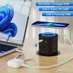 Pop up Outlet for Countertop with 15W Wireless Charger,4 Outlets 2 PD20W USB-C Ports,3.35 ''(85mm) Desk Hole Power Grommet,Pop Up Power Outlet for Kitchen Countertop,Office Conference Table (Black)