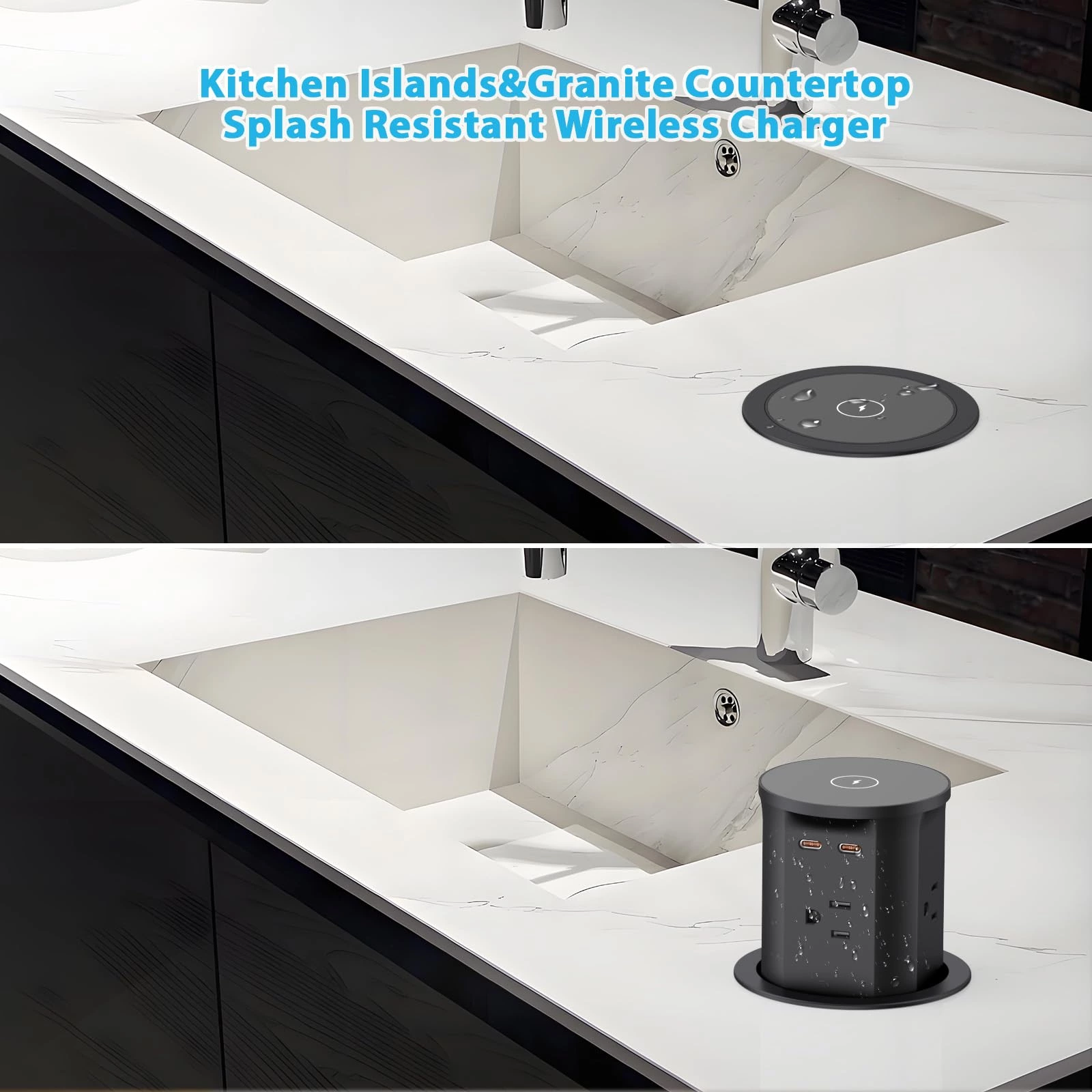 Pop up Outlet for Countertop with 15W Wireless Charger,4 Outlets 2 PD20W USB-C Ports,3.35 ''(85mm) Desk Hole Power Grommet,Pop Up Power Outlet for Kitchen Countertop,Office Conference Table (Black)