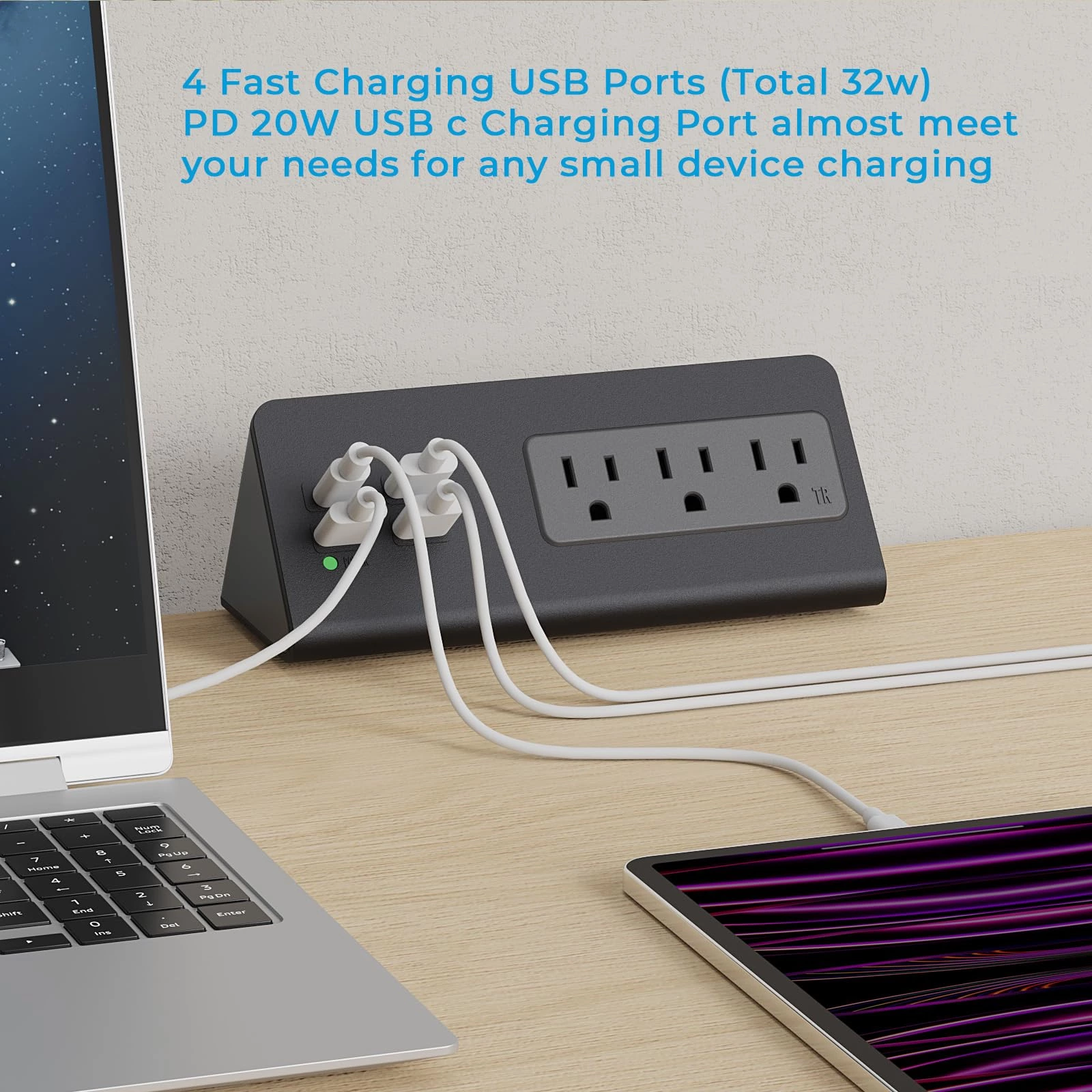 Nightstand Charging Station with PD 20W USB C, Nightstand Edge Power Strip with 3 AC Outlets, 4 Fast Charging USB Ports, Connect 6.56FT Flat Plug, Desk Surge Protector for Office Home Hotel, Black