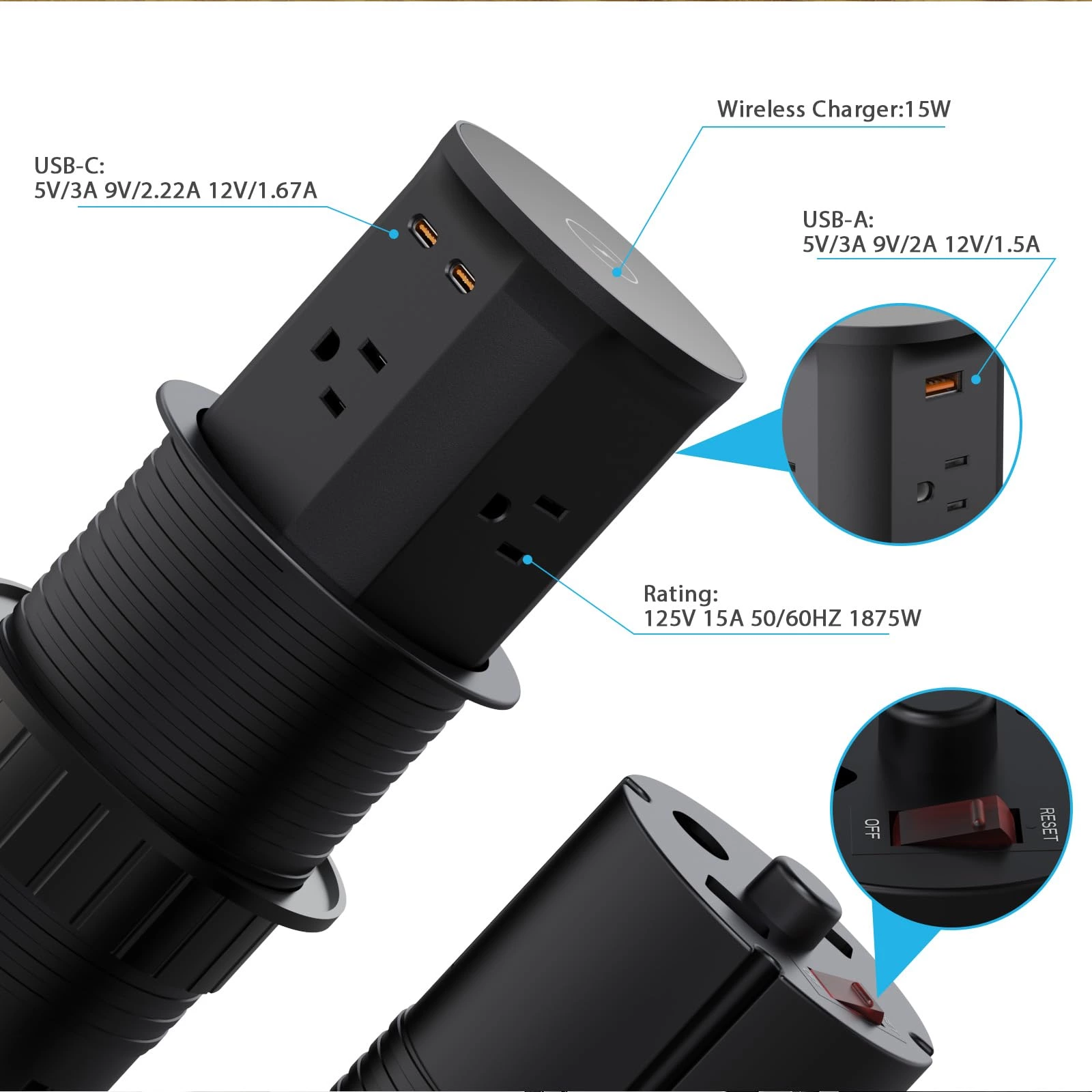 Pop up Outlet for Countertop with 15W Wireless Charger,4 Outlets 2 PD20W USB-C Ports,3.35 ''(85mm) Desk Hole Power Grommet,Pop Up Power Outlet for Kitchen Countertop,Office Conference Table (Black)