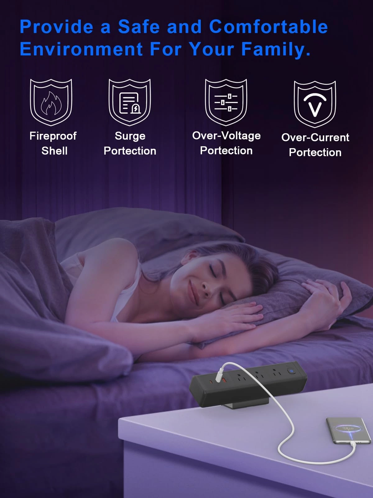 Desk Clamp Power Strip with 65W USB-C&USB A Ports 3 AC Outlet, Nightstand Edge Mount Charging Station Power Strip with USB-C Ports Tabletop Surge Protector for Home Office, Dorm Room(Black)