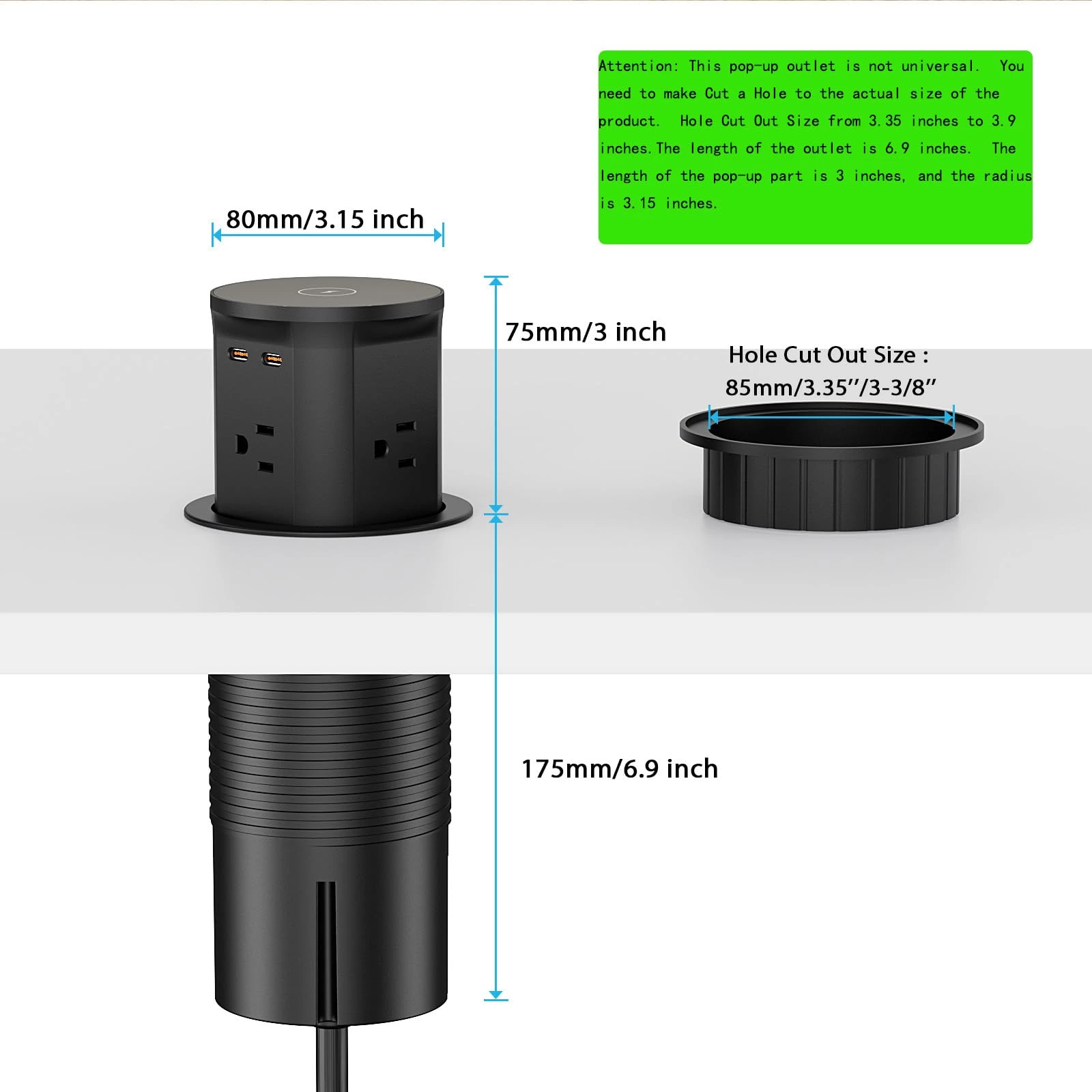 Pop up Outlet for Countertop with 15W Wireless Charger,4 Outlets 2 PD20W USB-C Ports,3.35 ''(85mm) Desk Hole Power Grommet,Pop Up Power Outlet for Kitchen Countertop,Office Conference Table (Black)