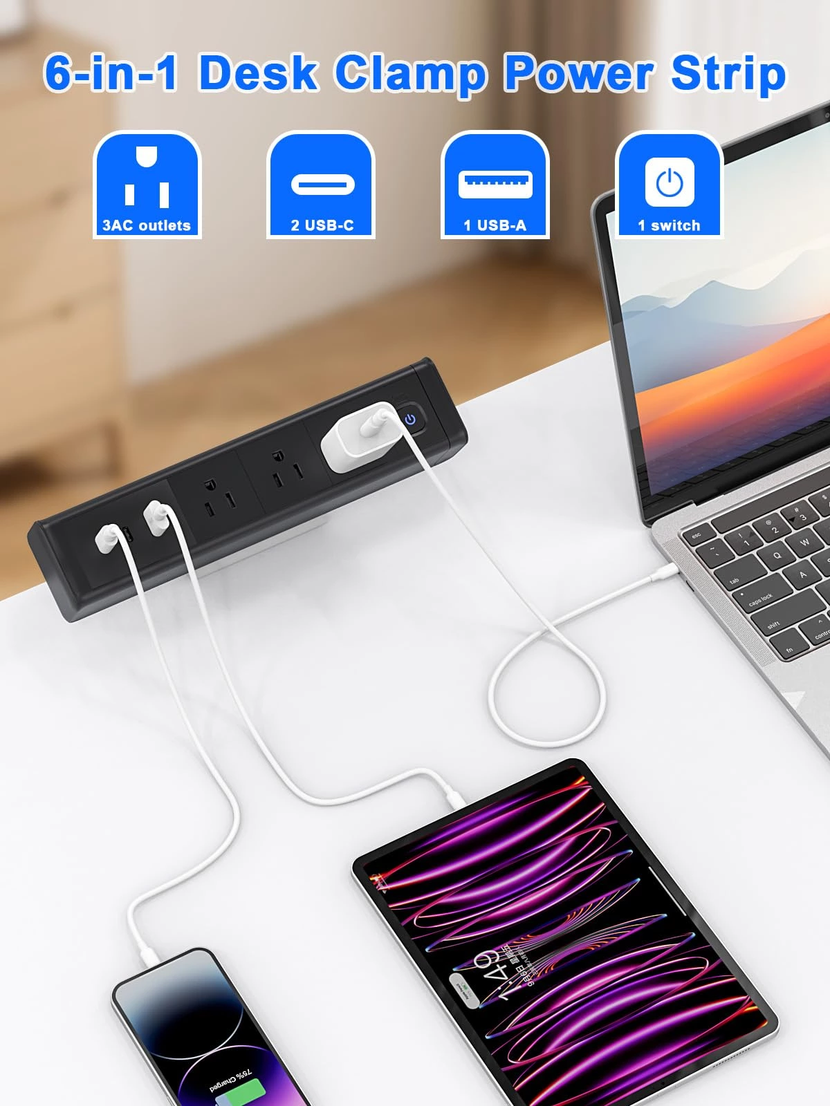 Desk Clamp Power Strip with 65W USB-C&USB A Ports 3 AC Outlet, Nightstand Edge Mount Charging Station Power Strip with USB-C Ports Tabletop Surge Protector for Home Office, Dorm Room(Black)