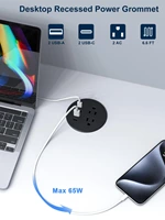 Recessed Power Grommet 3 inch With 65W USB C Ports 2 AC Outlets,Recessed Outlet Fast Charging Station,Desk Hole Grommet Outlets,Round Desktop Power Grommet Outlet for Office,Home (Black, 65W USB Port)