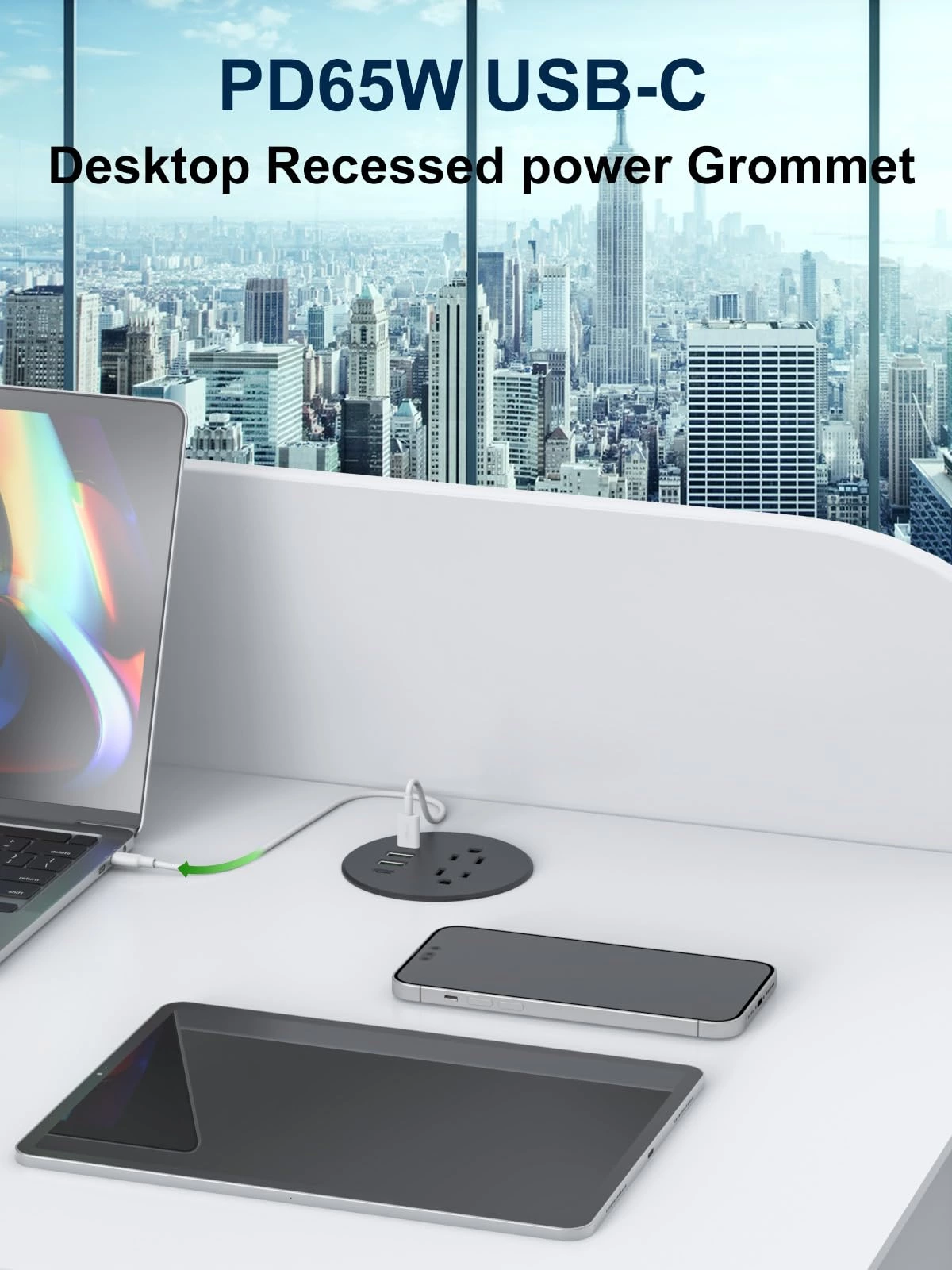 Recessed Power Grommet 3 inch With 65W USB C Ports 2 AC Outlets,Recessed Outlet Fast Charging Station,Desk Hole Grommet Outlets,Round Desktop Power Grommet Outlet for Office,Home (Black, 65W USB Port)
