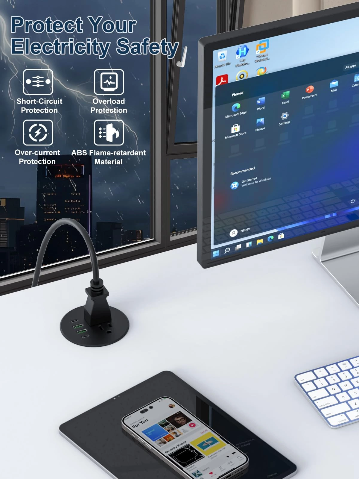 Recessed Power Grommet 3 inch With 65W USB C Ports 2 AC Outlets,Recessed Outlet Fast Charging Station,Desk Hole Grommet Outlets,Round Desktop Power Grommet Outlet for Office,Home (Black, 65W USB Port)