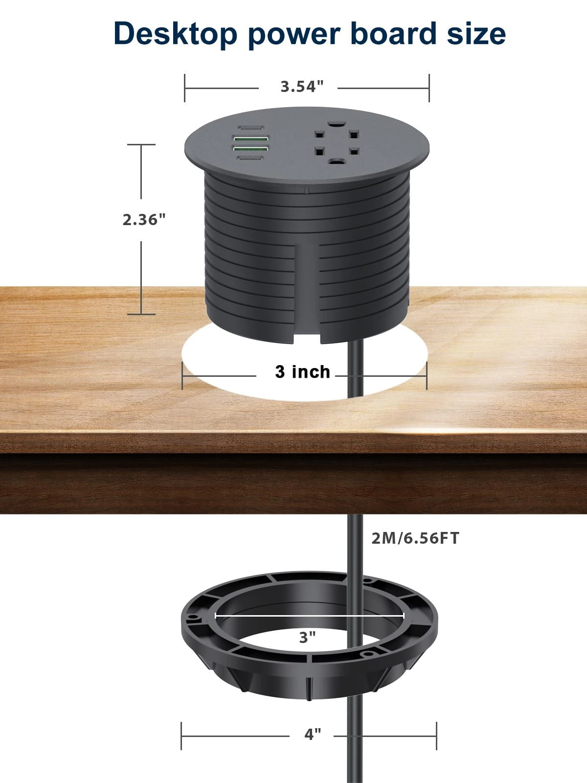 Recessed Power Grommet 3 inch With 65W USB C Ports 2 AC Outlets,Recessed Outlet Fast Charging Station,Desk Hole Grommet Outlets,Round Desktop Power Grommet Outlet for Office,Home (Black, 65W USB Port)