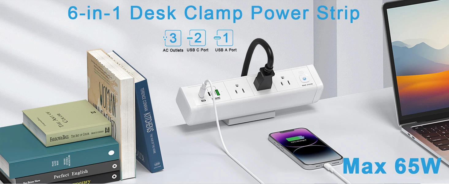 Desk Clamp Power Strip with 65W USB-C&USB A Ports 3 AC Outlet, Nightstand Edge Mount Charging Station Power Strip with USB-C Ports Tabletop Surge Protector for Home Office, Dorm Room(White)