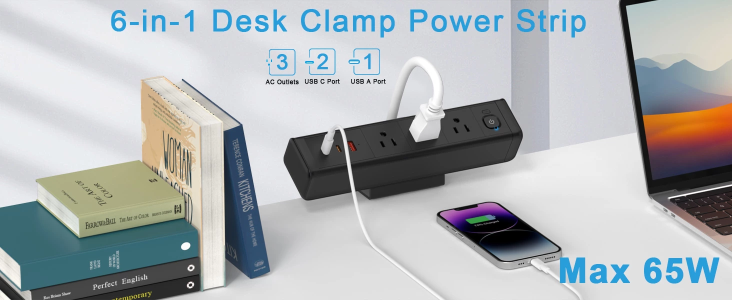 Desk Clamp Power Strip with 65W USB-C&USB A Ports 3 AC Outlet, Nightstand Edge Mount Charging Station Power Strip with USB-C Ports Tabletop Surge Protector for Home Office, Dorm Room(Black)