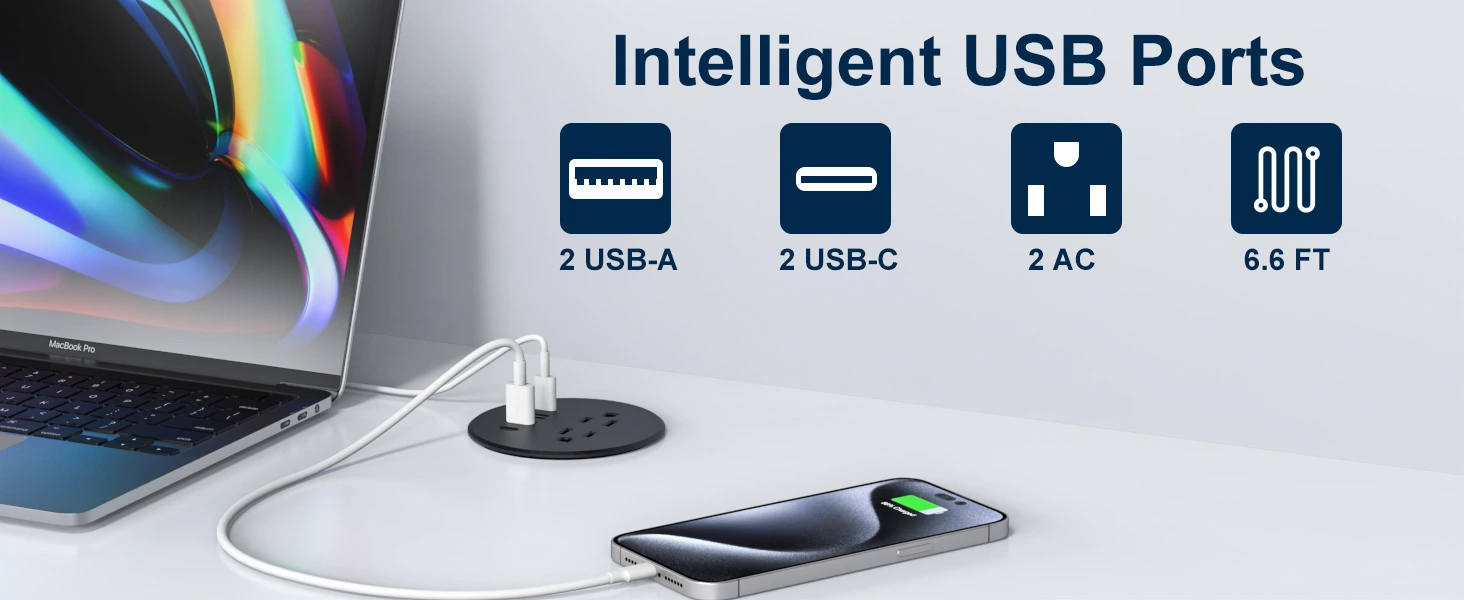 Recessed Power Grommet 3 inch With 65W USB C Ports 2 AC Outlets,Recessed Outlet Fast Charging Station,Desk Hole Grommet Outlets,Round Desktop Power Grommet Outlet for Office,Home (Black, 65W USB Port)