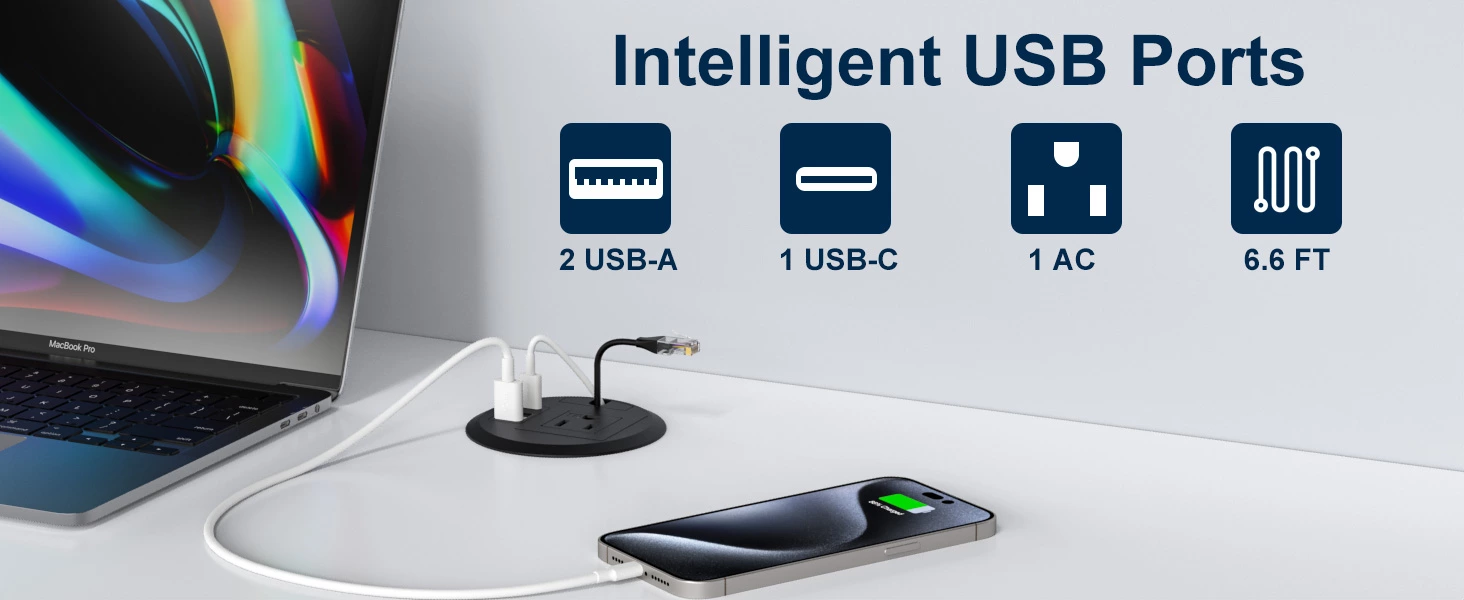 Desktop Power Grommet Outlet PD 20W Fast Charging USB-C,Tamper-Resistant Design AC Outlets,3.15'' Cable Hole Grommet Outlet,Recessed Power Grommet with 3 USB Ports (1-Pack)