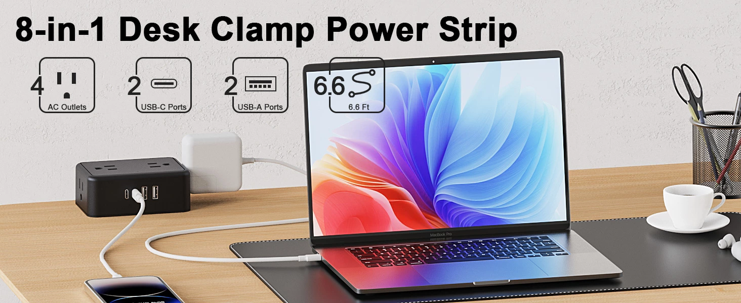 Desk Clamp Power Strip 4AC Outlet 2USB-C Ports,2 USB-A Ports,Desktop Tube Edge Mount Outlet Under Desk Table Leg Widely Spaced Surge Protector Outlet Station,6.6ft Heavy Duty Plug and Cord