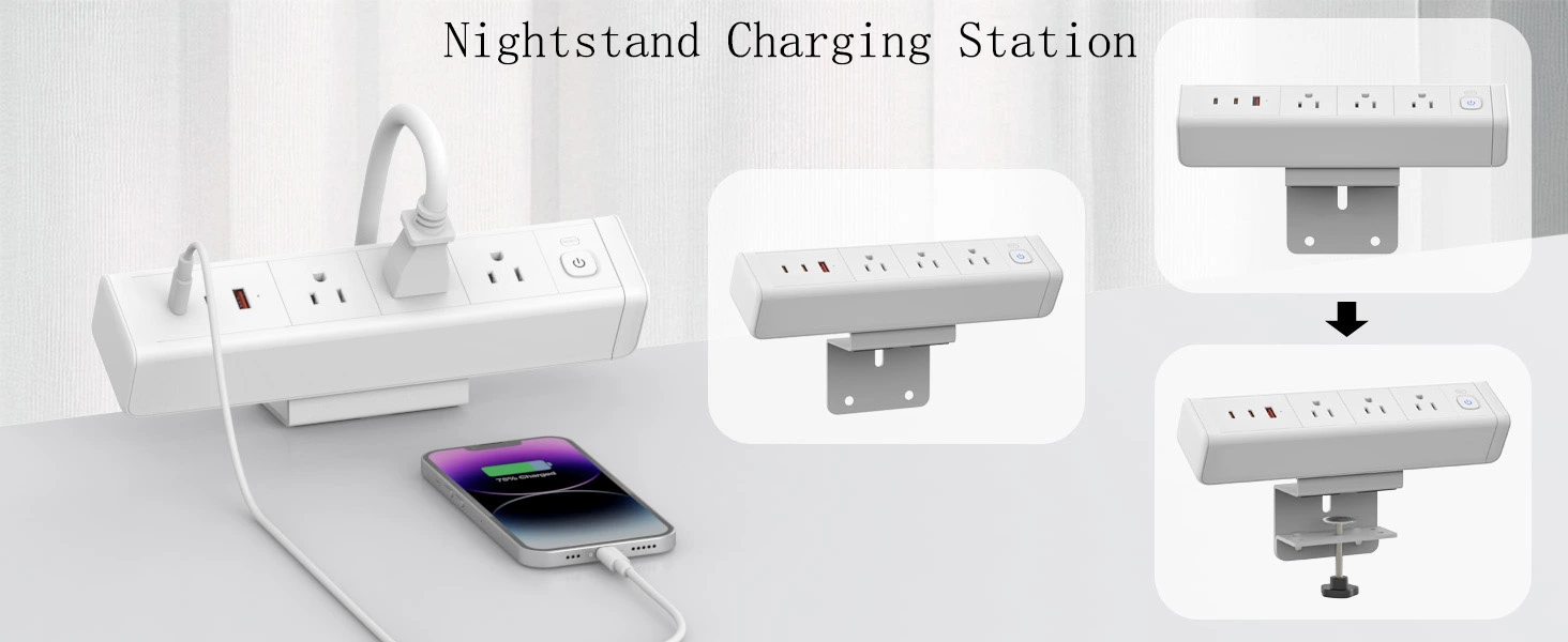 Desk Clamp Power Strip with 65W USB-C&USB A Ports 3 AC Outlet, Nightstand Edge Mount Charging Station Power Strip with USB-C Ports Tabletop Surge Protector for Home Office, Dorm Room(White)