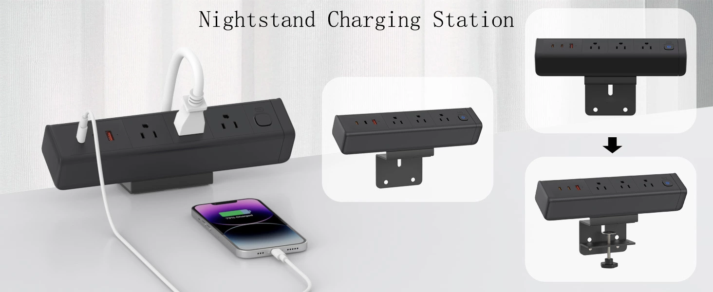 Desk Clamp Power Strip with 65W USB-C&USB A Ports 3 AC Outlet, Nightstand Edge Mount Charging Station Power Strip with USB-C Ports Tabletop Surge Protector for Home Office, Dorm Room(Black)