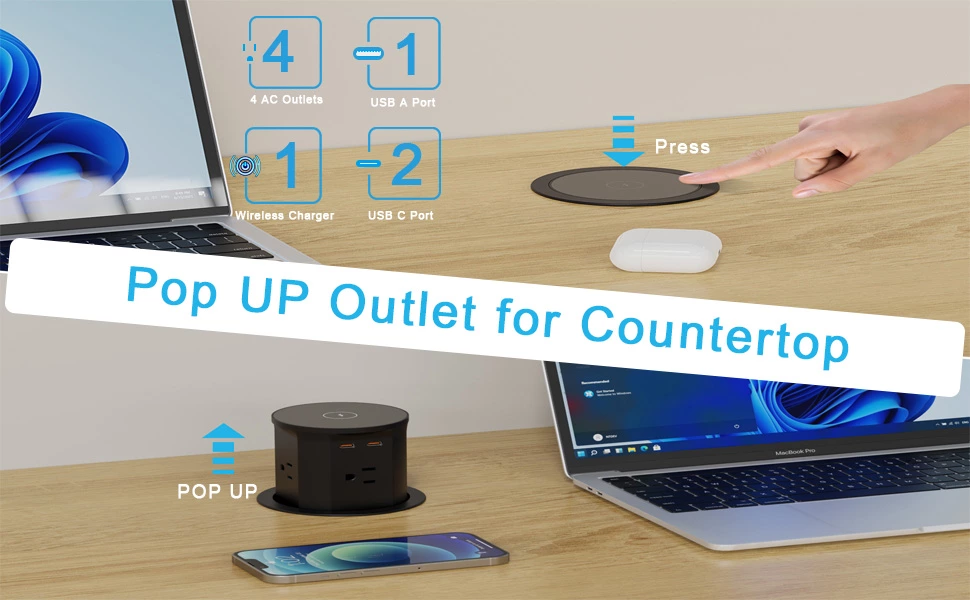 Pop up Outlet for Countertop with 15W Wireless Charger,4 Outlets 2 PD20W USB-C Ports,3.35 ''(85mm) Desk Hole Power Grommet,Pop Up Power Outlet for Kitchen Countertop,Office Conference Table (Black)