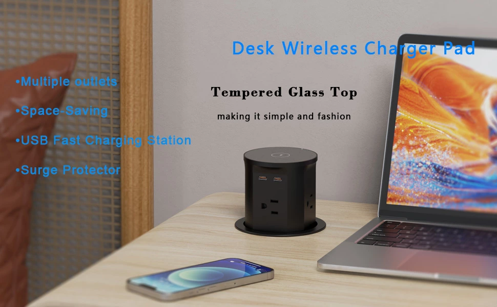 Pop up Outlet for Countertop with 15W Wireless Charger,4 Outlets 2 PD20W USB-C Ports,3.35 ''(85mm) Desk Hole Power Grommet,Pop Up Power Outlet for Kitchen Countertop,Office Conference Table (Black)