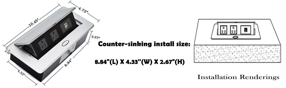 UL Listed Power Strip, Pop Up Power Cover Box Desktop Socket with Dual USB Charging Ports, Stainless Steel Receptacle Outlet for Conference Room Countertop (Black)