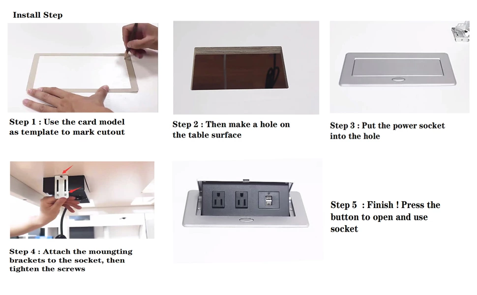 UL Listed Power Strip, Pop Up Power Cover Box Desktop Socket with Dual USB Charging Ports, Stainless Steel Receptacle Outlet for Conference Room Countertop (Black)