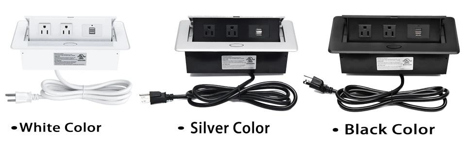 UL Listed Power Strip, Pop Up Power Cover Box Desktop Socket with Dual USB Charging Ports, Stainless Steel Receptacle Outlet for Conference Room Countertop (Black)