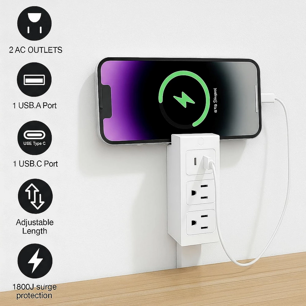 Electrical Outlet Extender Features USB-A,USB-C,2 AC Outlets,Wall Power Socket Expander Stick, Extendable Rotating Electric Outlet Plug Adapter Nightstands,Sofa, Desks and More Hard to Reach Space