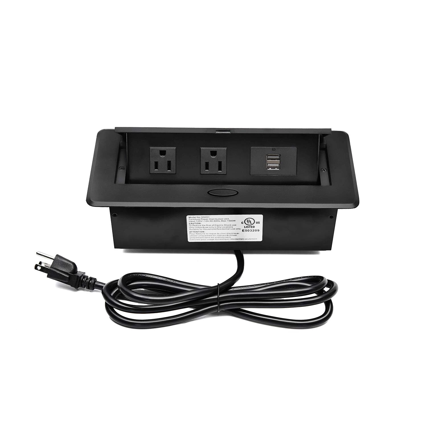 UL Listed Power Strip, Pop Up Power Cover Box Desktop Socket with Dual USB Charging Ports, Stainless Steel Receptacle Outlet for Conference Room Countertop (Black)