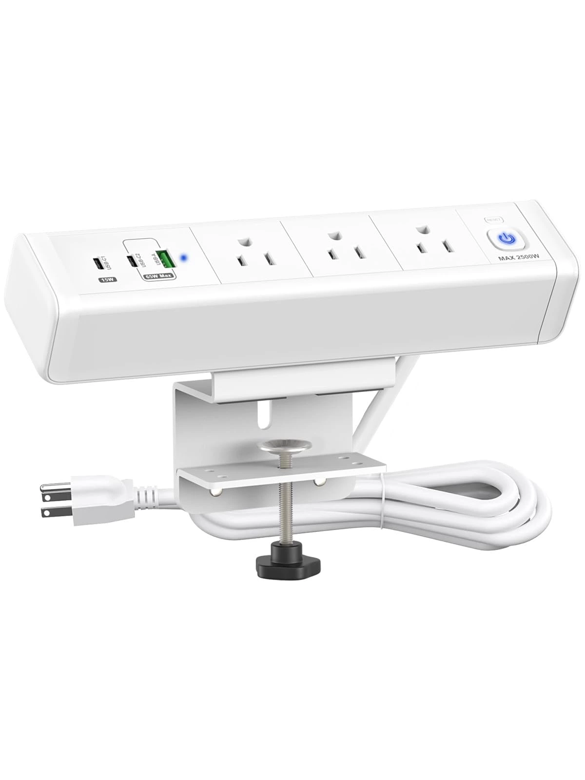 Desk Clamp Power Strip with 65W USB-C&USB A Ports 3 AC Outlet, Nightstand Edge Mount Charging Station Power Strip with USB-C Ports Tabletop Surge Protector for Home Office, Dorm Room(White)