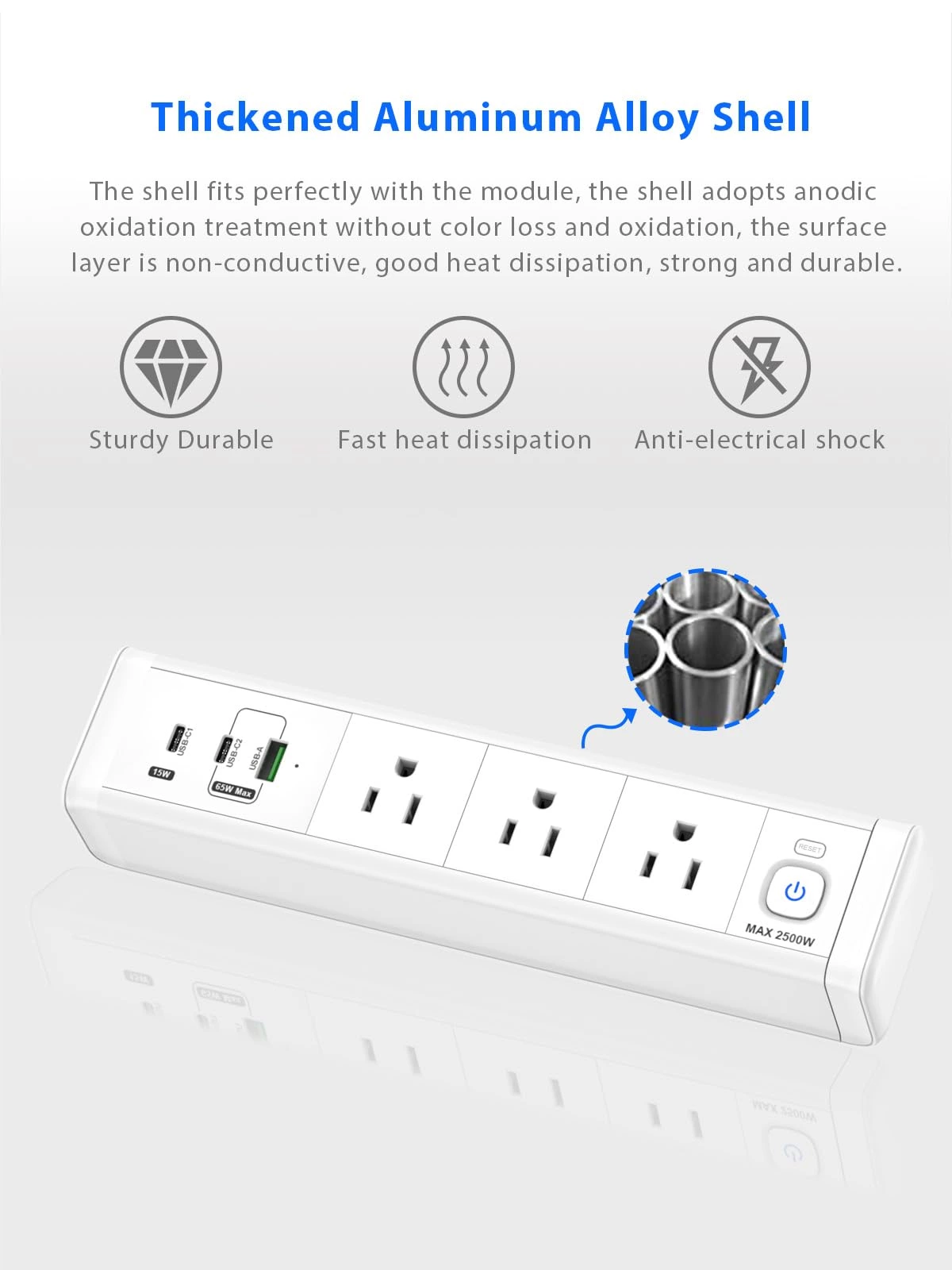 Desk Clamp Power Strip with 65W USB-C&USB A Ports 3 AC Outlet, Nightstand Edge Mount Charging Station Power Strip with USB-C Ports Tabletop Surge Protector for Home Office, Dorm Room(White)