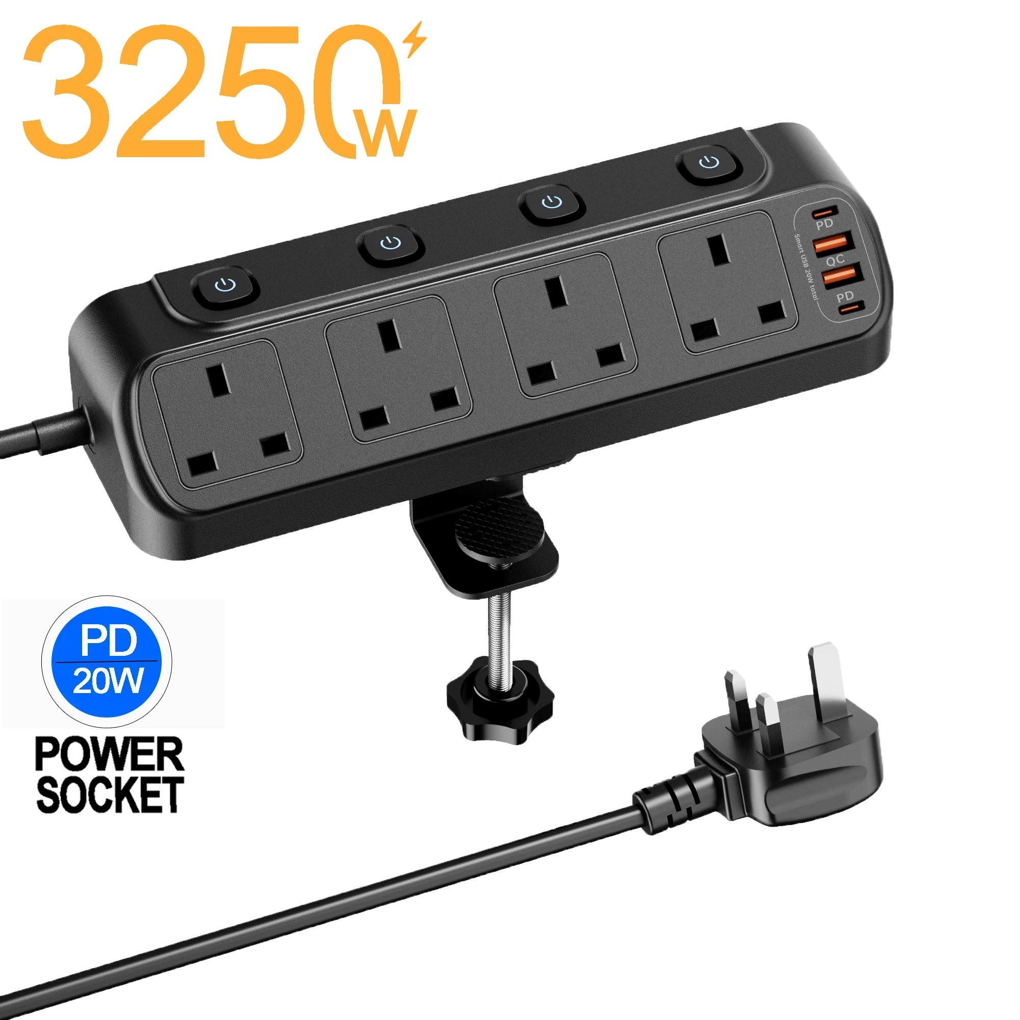 Desk Extension Lead 1.8M, 4 Way Switched Extension Socket with PD20W Charger(4 USB Ports), Desk Clamp Power Socket, Mountable Surge Protected Power Strip(13A 3250W) for Home Office